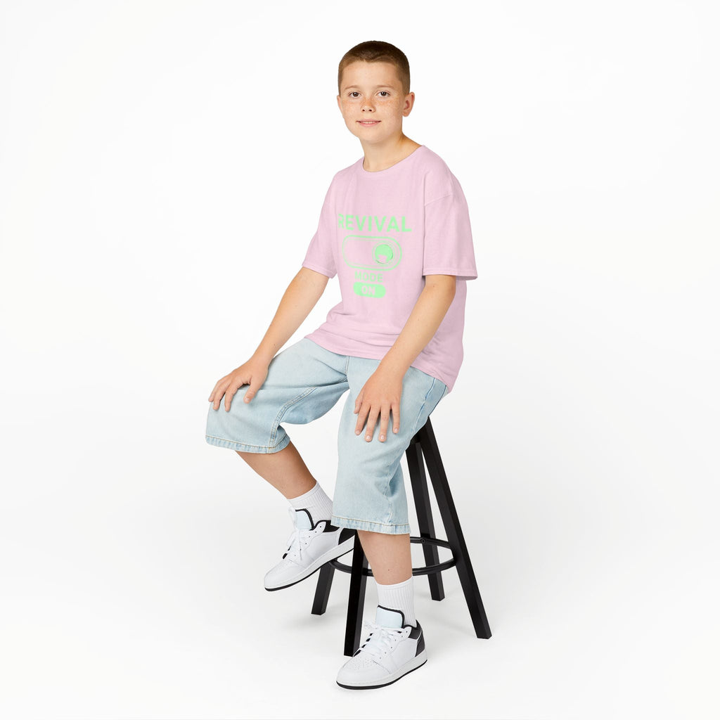 🔥 Revival Mode: ON – Christian Techwear Kids T-Shirt | Glowing Green Faith Switch | Futuristic Jesus Shirt | Activate Your Spiritual Awakening | Uplifted Gear Printify