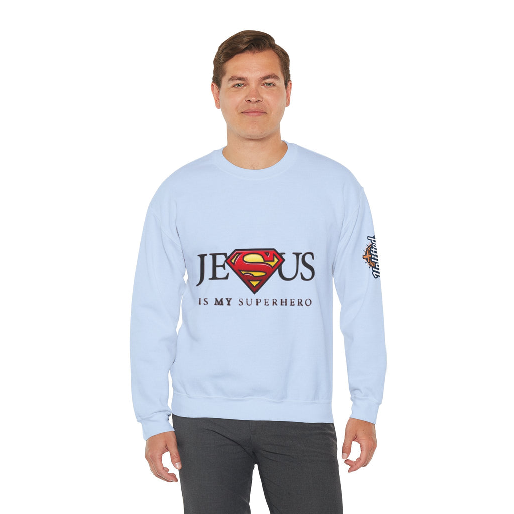 Jesus Is My Superhero Crewneck Sweatshirt Printify
