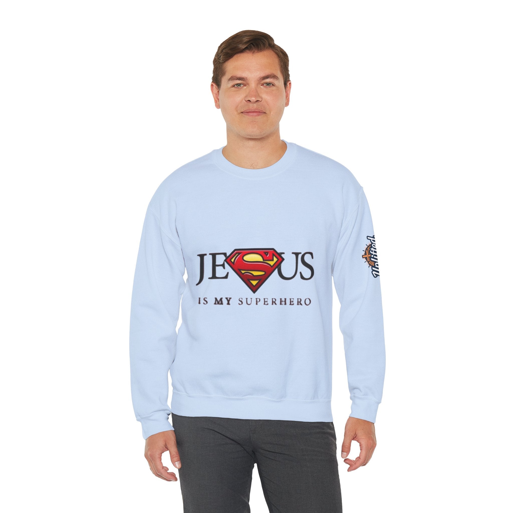 Jesus Is My Superhero Crewneck Sweatshirt Printify