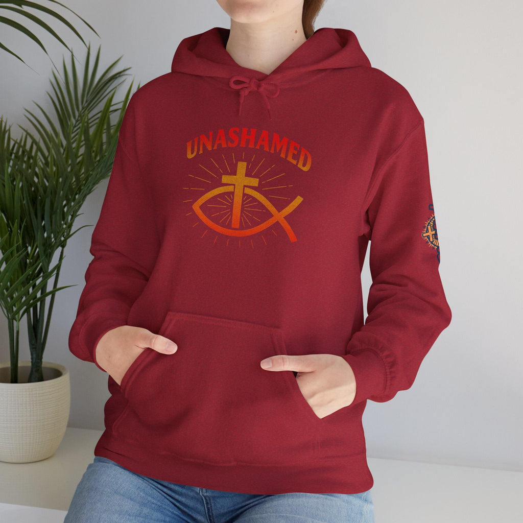 Unashamed Hoodie – Ichthys Jesus Fish & Cross Christian Sweatshirt for Romans 1:16 Bold Faith Printify