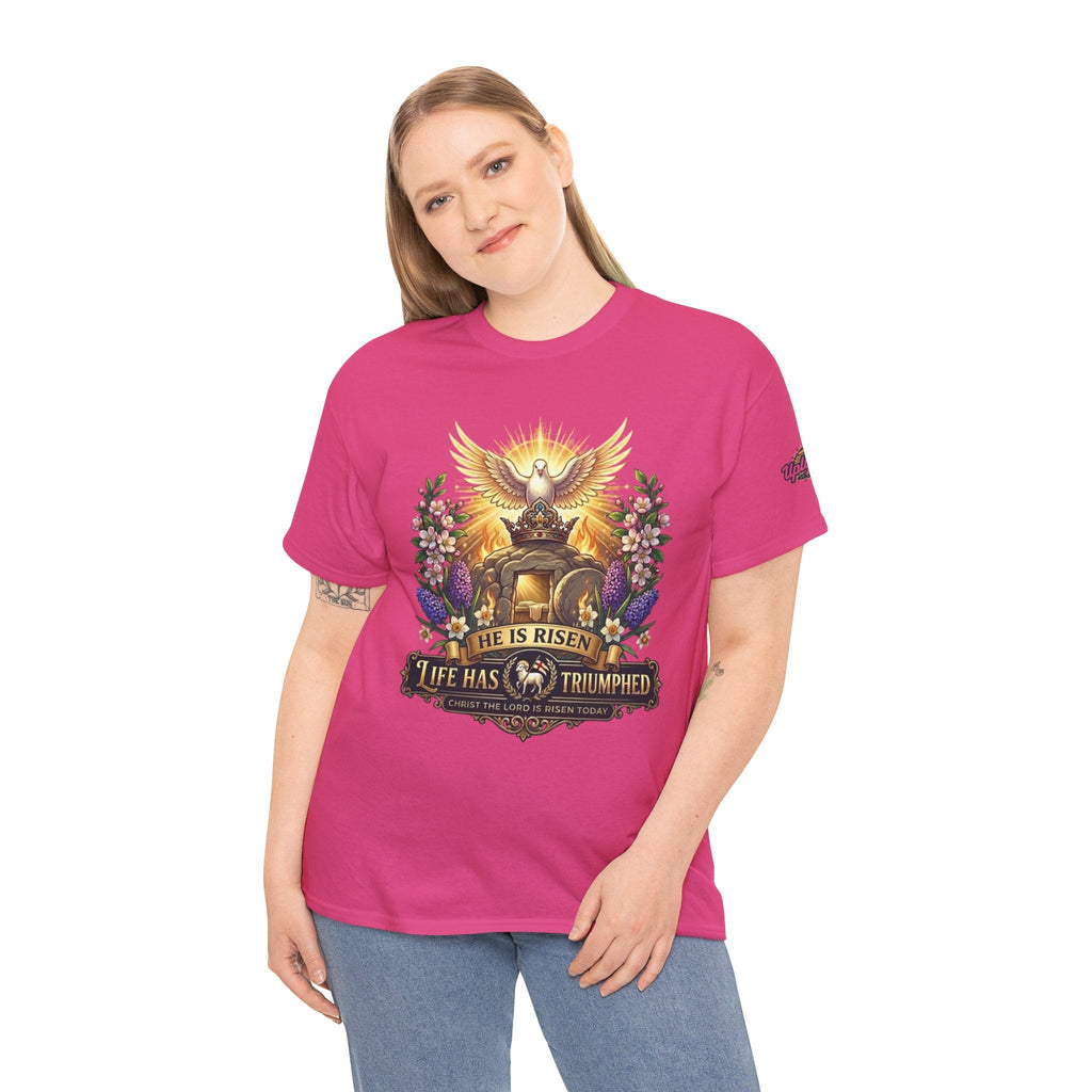 He Is Risen "Life Has Triumphed" T-Shirt — Easter Resurrection Christian Tee Printify