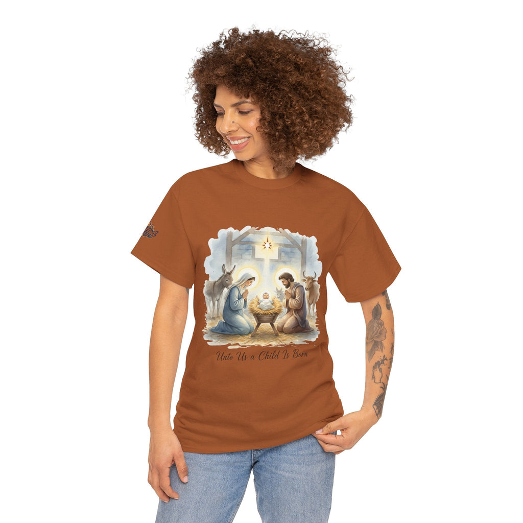 Unto Us a Child is Born T-shirt – Isaiah 9:6 Nativity Manger Scene Christian Christmas T-shirt for Holy Night Faith Printify