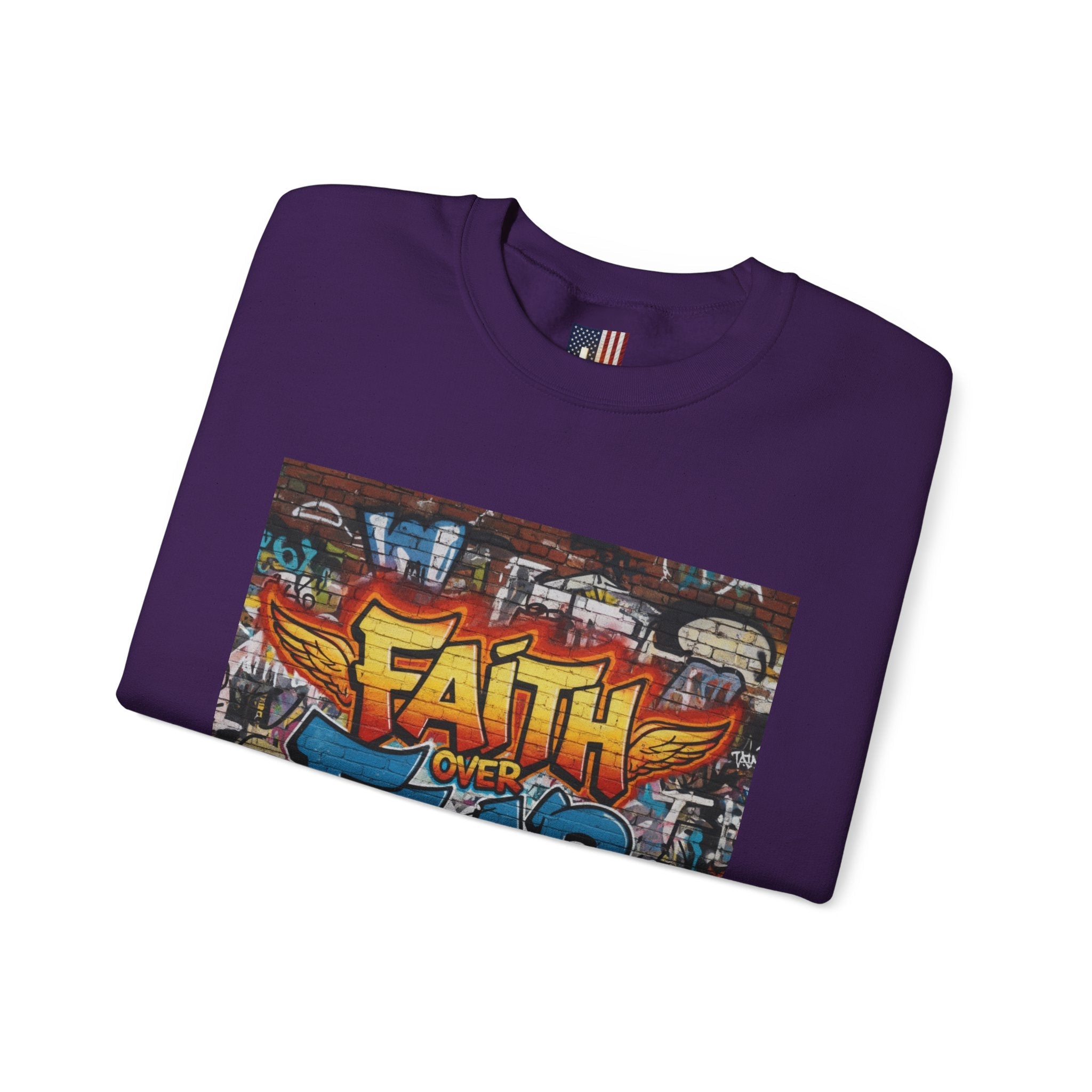Faith Over Fear Sweatshirt – Graffiti Wall Christian Sweatshirt for Bold 2 Corinthians 5:7 Streetwear & Unshakable Faith Printify