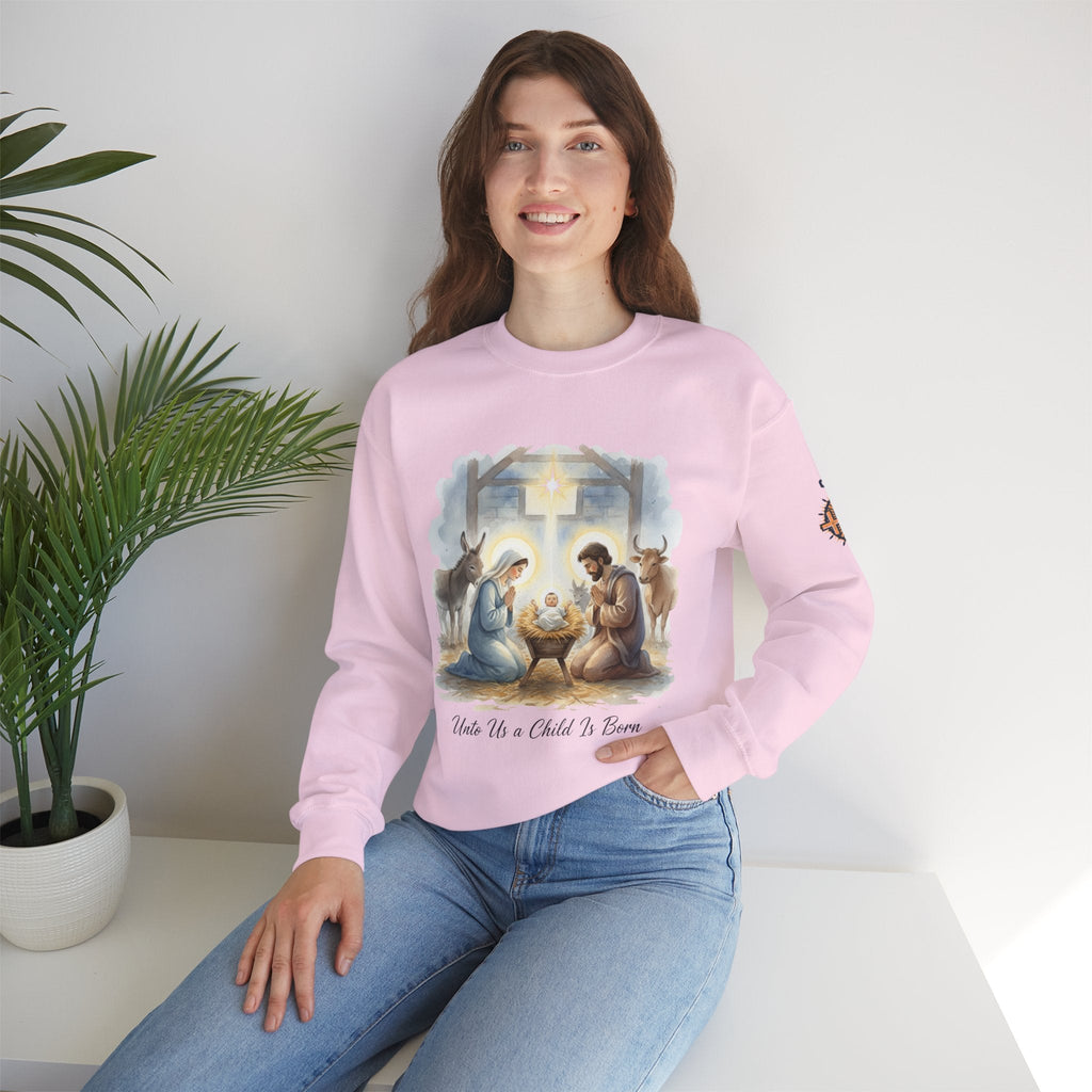 Unto Us a Child is Born Sweatshirt – Isaiah 9:6 Nativity Manger Scene Christian Christmas Sweatshirt for Holy Night Faith Printify