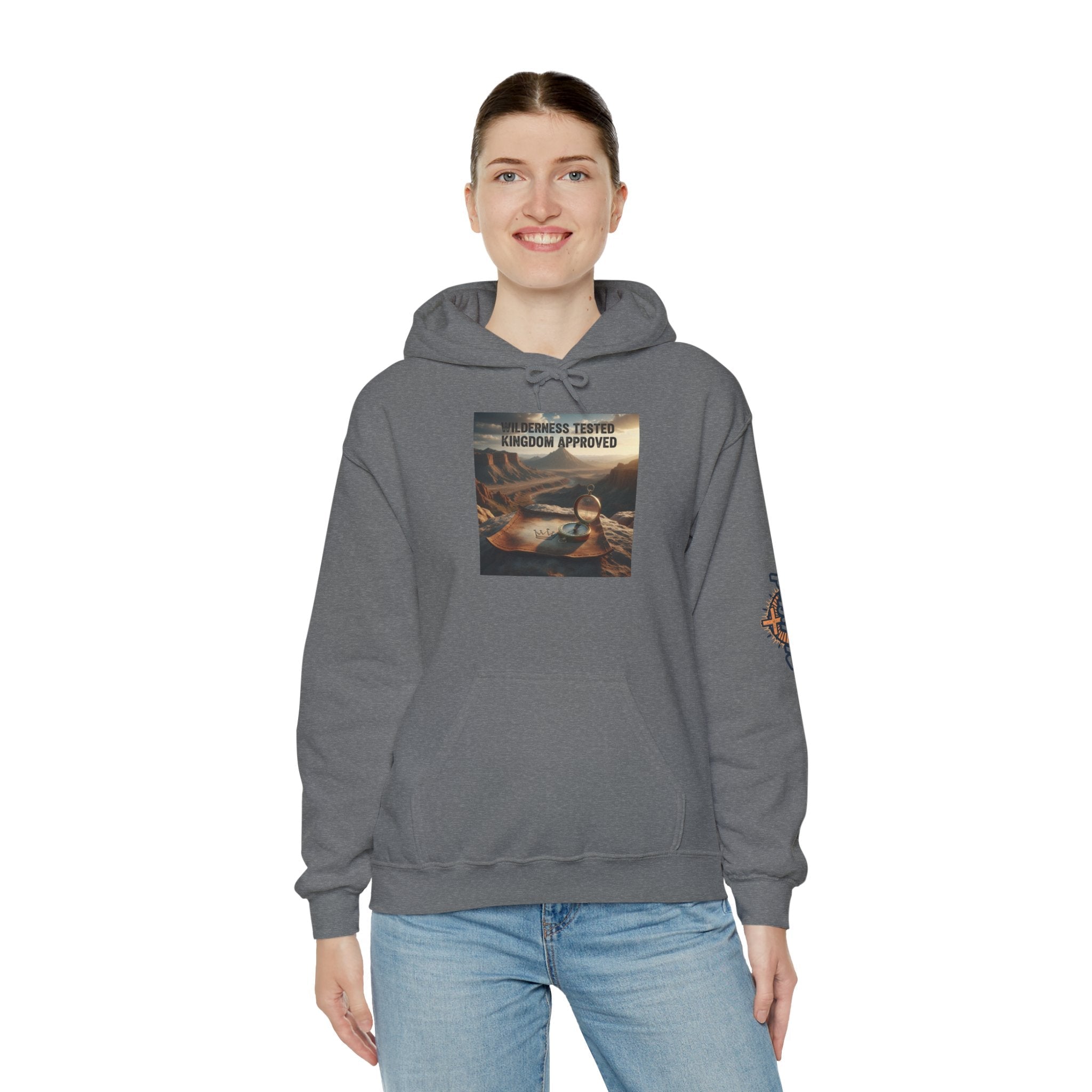 Wilderness Tested Kingdom Approved Hoodie – Mountain Desert Compass Crown Christian Sweatshirt for Biblical Adventure Faith Printify