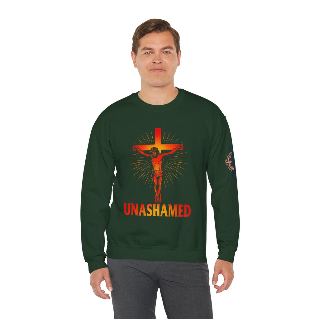 Unashamed Sweatshirt – Romans 1:16 Crucifixion Christian Sweatshirt for Bold Unwavering Faith Printify