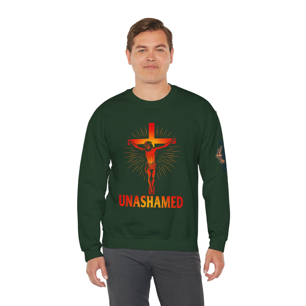 Unashamed Sweatshirt – Romans 1:16 Crucifixion Christian Sweatshirt for Bold Unwavering Faith Printify