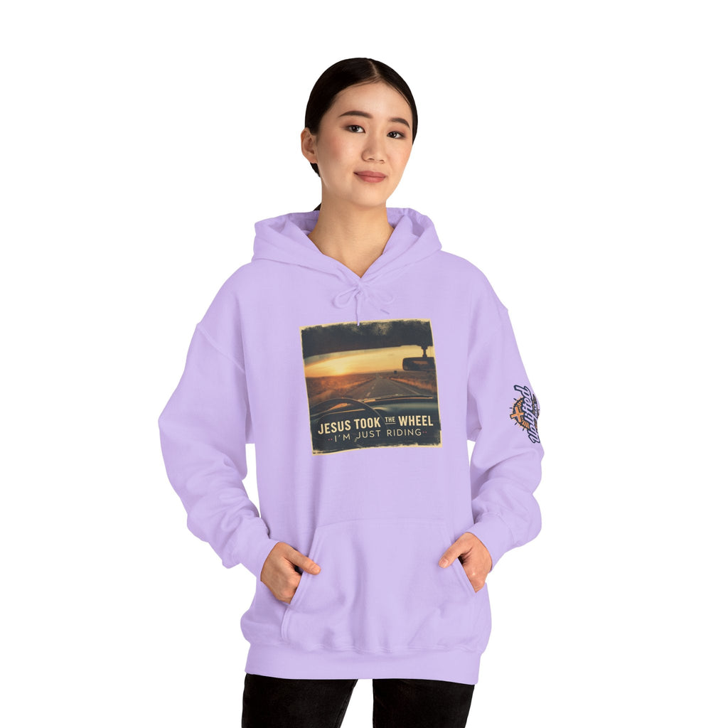 Jesus Took the Wheel I'm Just Riding Hoodie – Funny Christian Convertible Car Sweatshirt for Surrendered Faith & Humor Printify