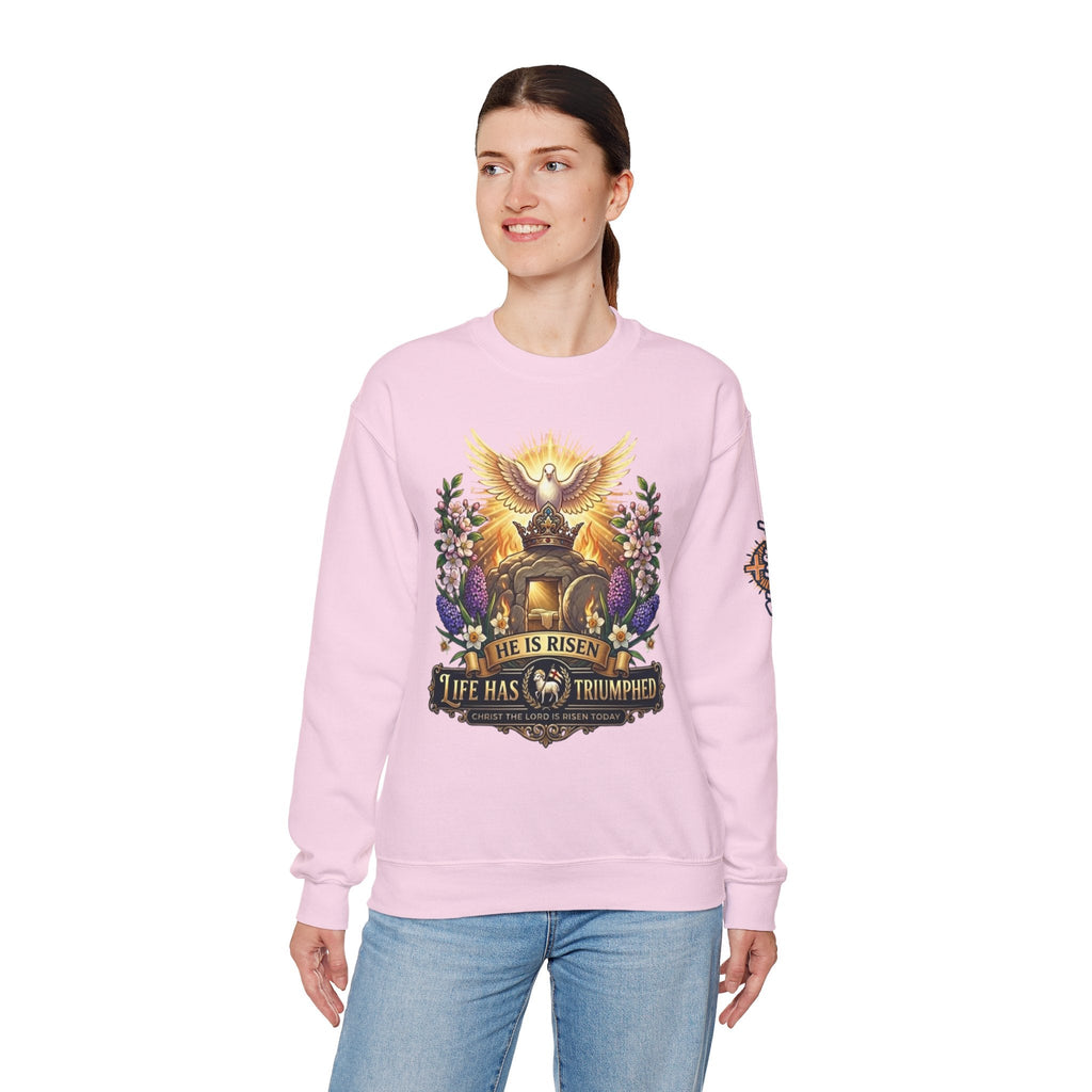 He Is Risen "Life Has Triumphed" Sweatshirt — Easter Resurrection Christian Sweatshirt Printify
