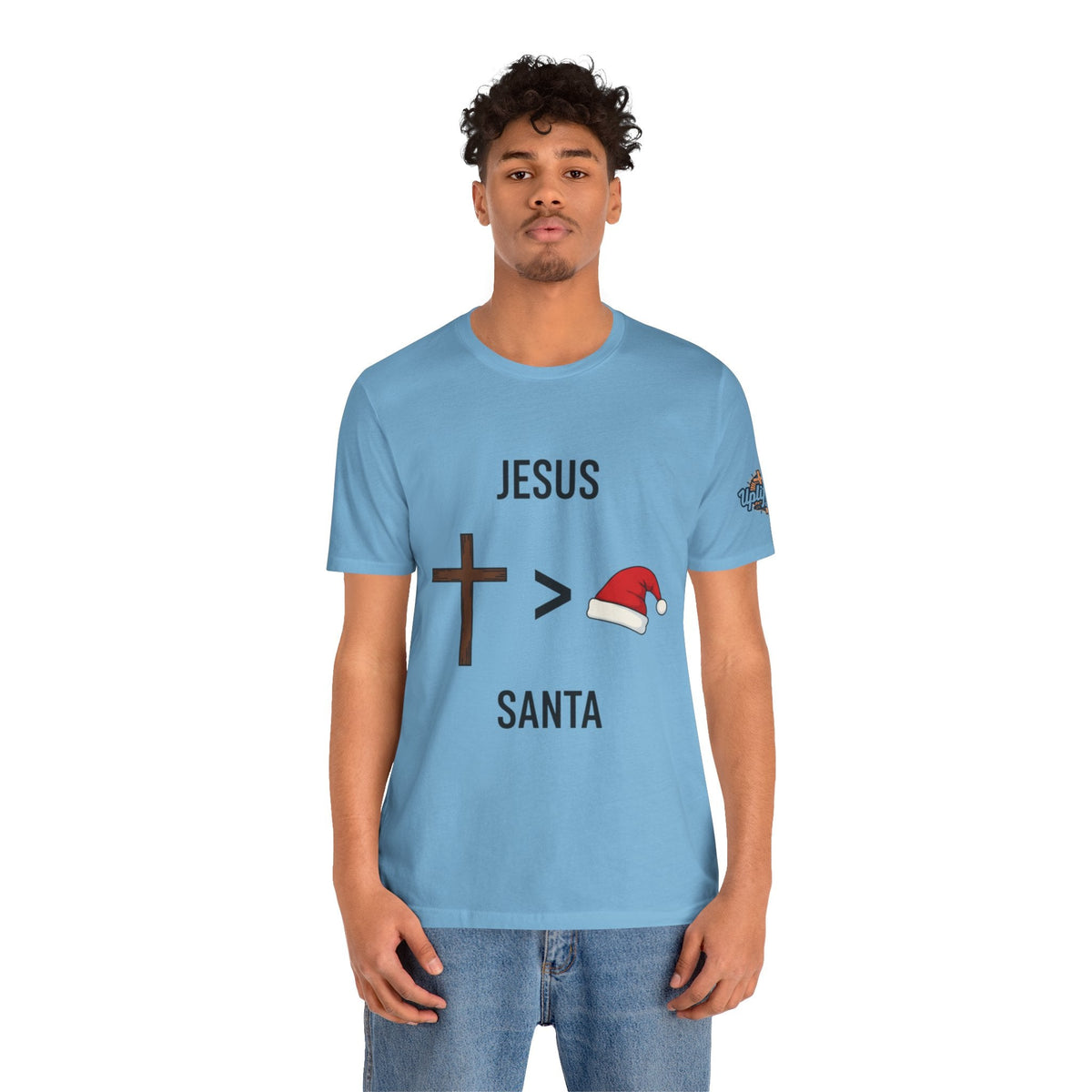 🎄 Jesus > Santa – Minimalist Christian Christmas T-Shirt | Bold Faith Over Holiday Tee | Cross vs Santa Hat Design | Uplifted Gear Printify