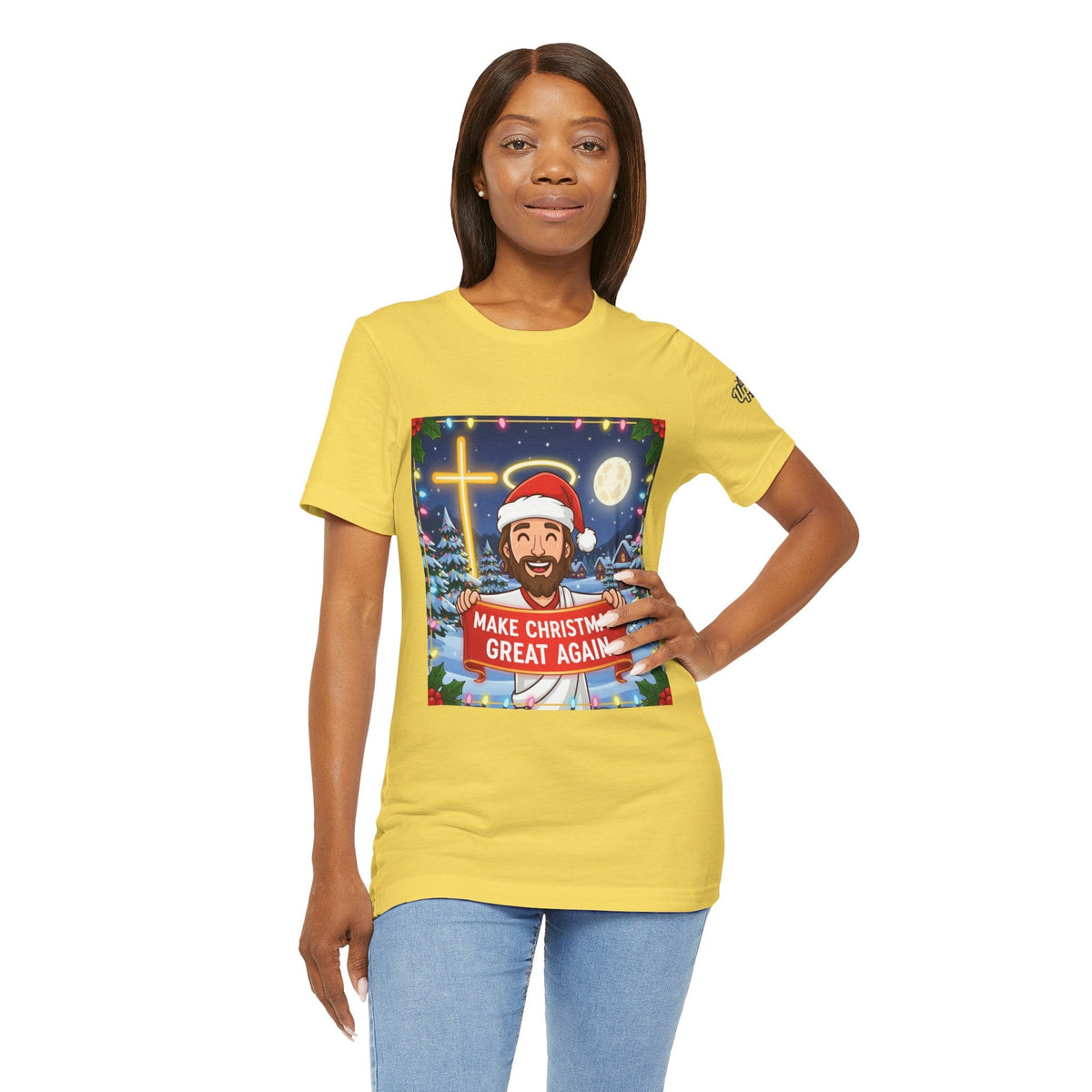 🎄 Make Christmas Great Again – Funny Christian T-Shirt | Jesus Holding Banner | Faith-Based Holiday Parody Tee | Uplifted Gear Printify