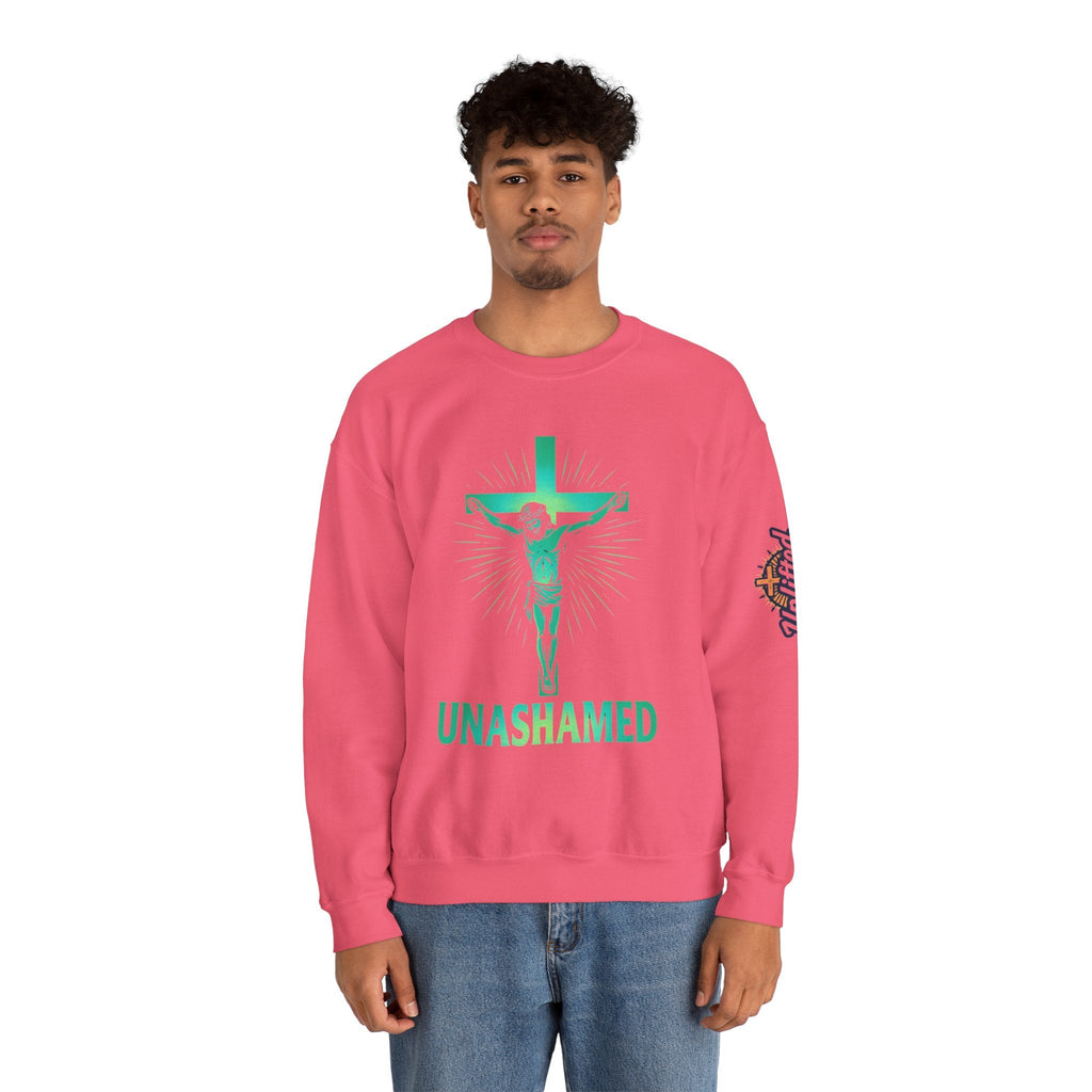 Unashamed Sweatshirt – Romans 1:16 Crucifixion Christian Sweatshirt for Bold Unwavering Faith Printify