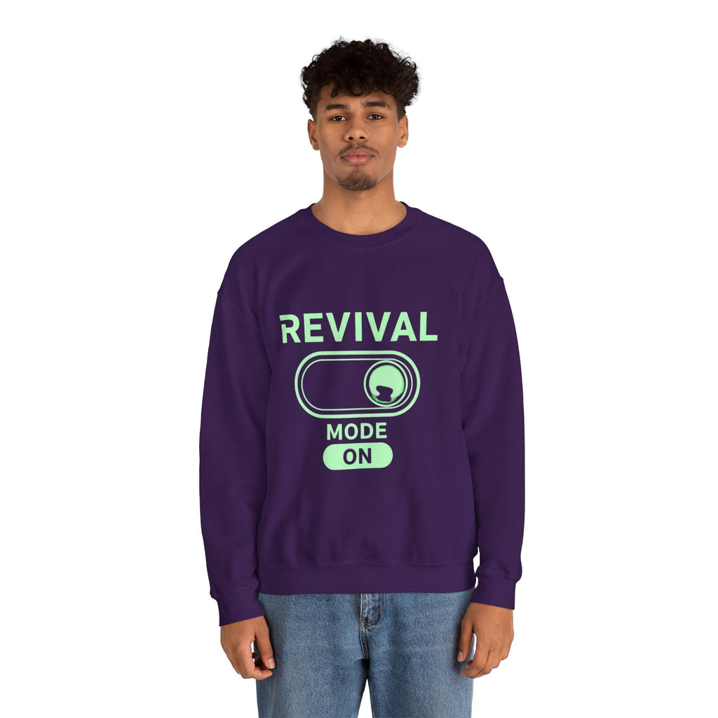 🔥 Revival Mode: ON – Christian Techwear Sweatshirt | Glowing Green Faith Switch | Futuristic Jesus Shirt | Activate Your Spiritual Awakening | Uplifted Gear Printify