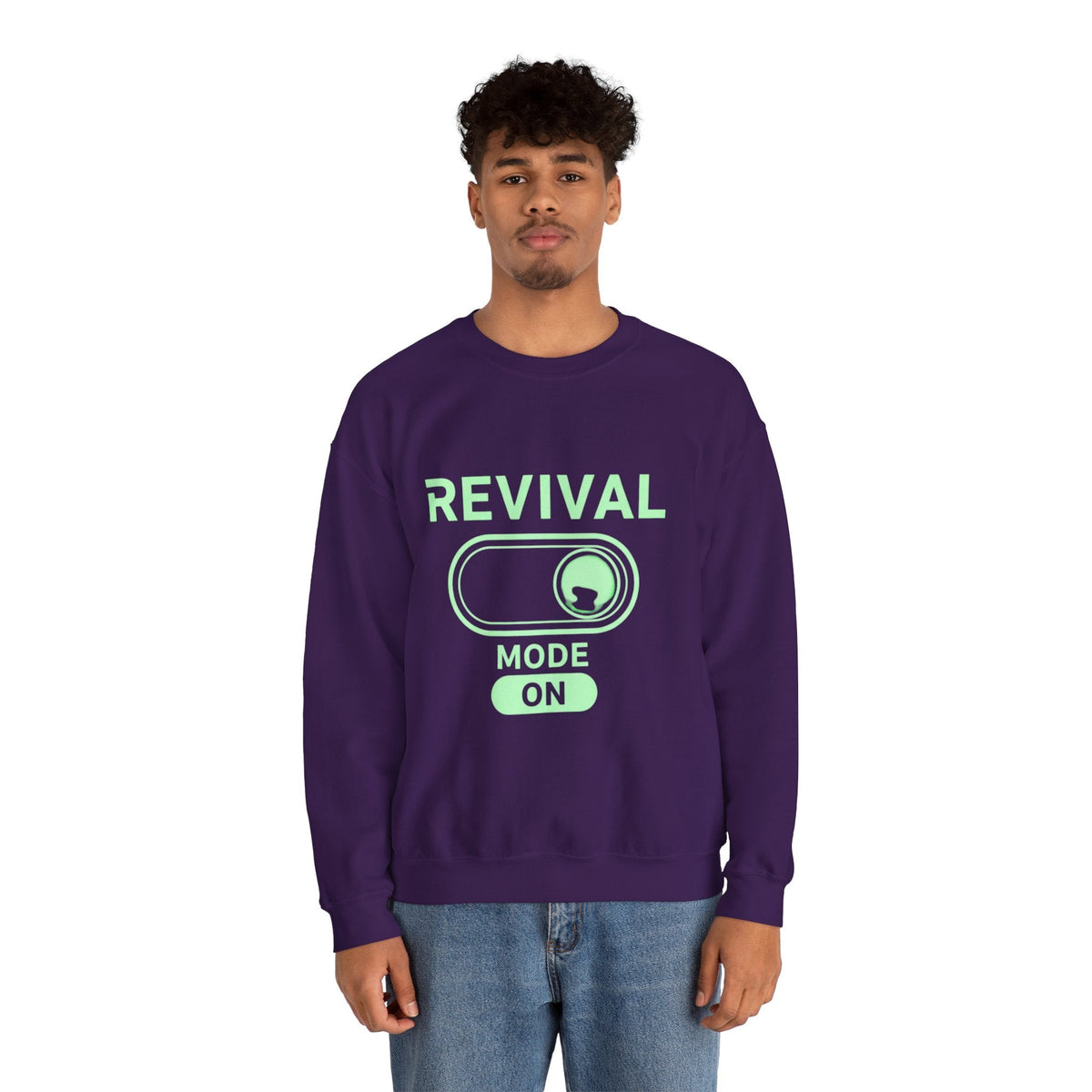 🔥 Revival Mode: ON – Christian Techwear Sweatshirt | Glowing Green Faith Switch | Futuristic Jesus Shirt | Activate Your Spiritual Awakening | Uplifted Gear Printify
