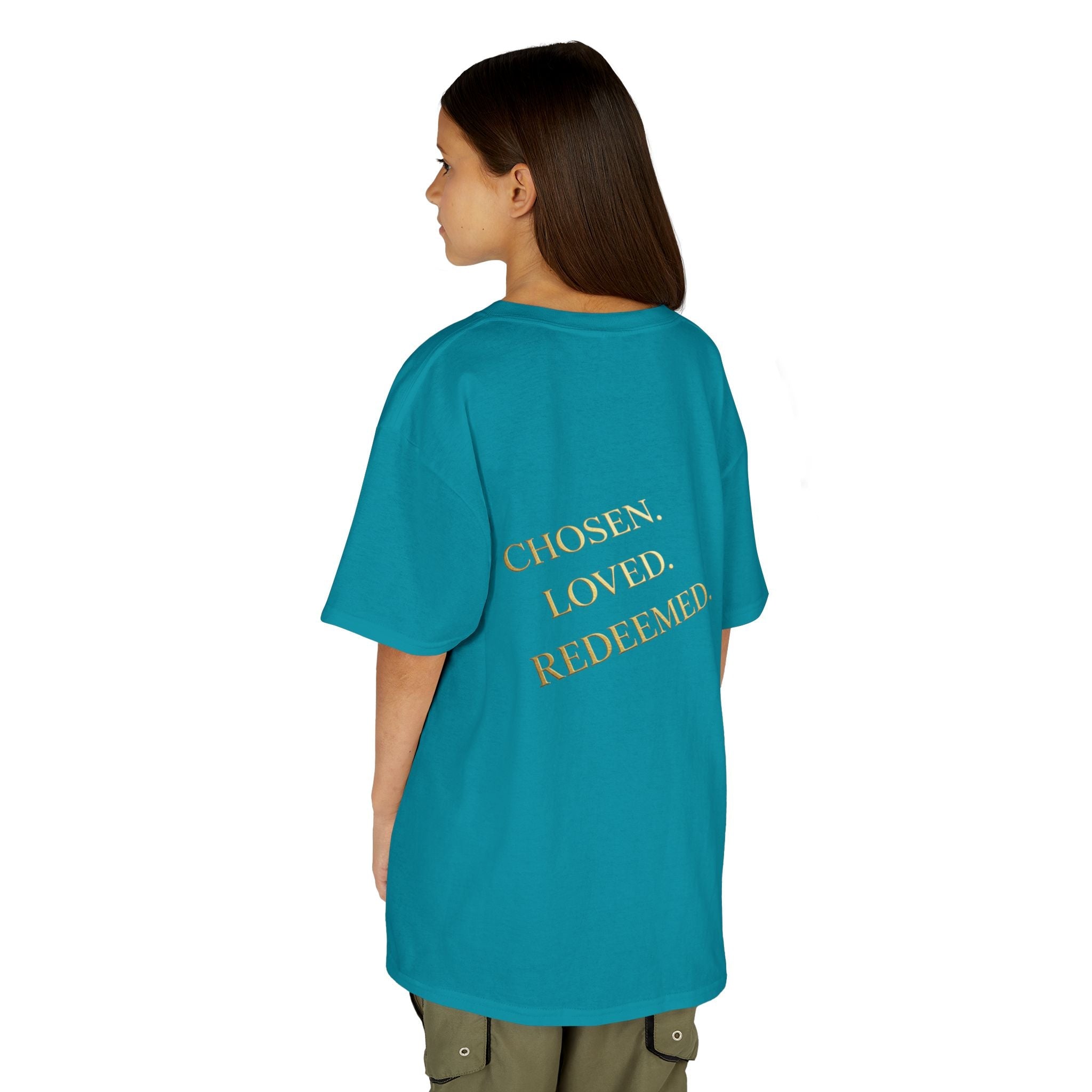 ✨ Chosen. Loved. Redeemed. – Elegant Christian Kids T-Shirt | Gold Foil Faith Tee | Subtle Cross & Heart Design | Inspirational Bible Verse Apparel by Uplifted Gear Printify