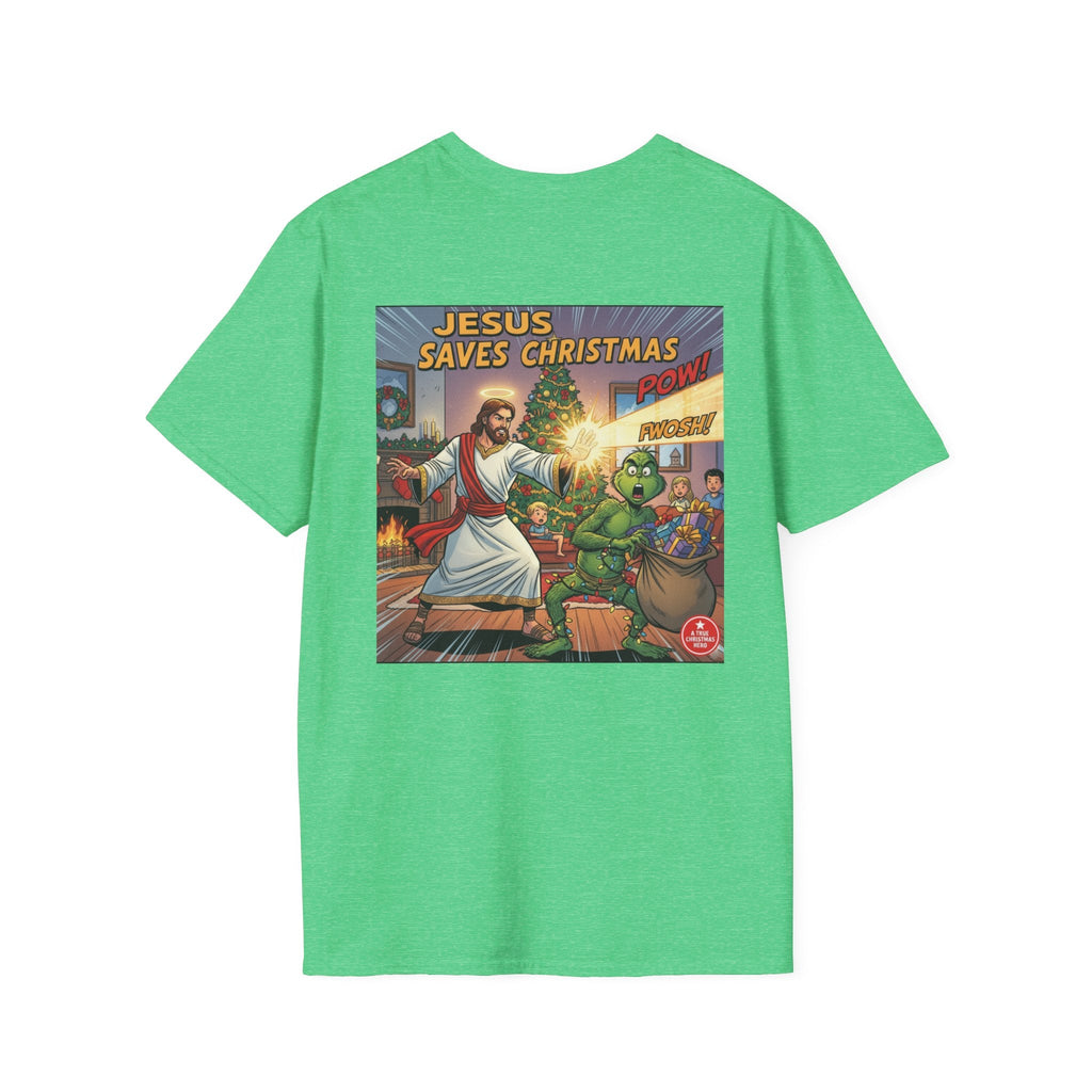 Jesus Saves Christmas T-shirt – Grinch vs Savior Light Battle Christian T-shirt for Hilarious Holiday Faith & True Joy Printify