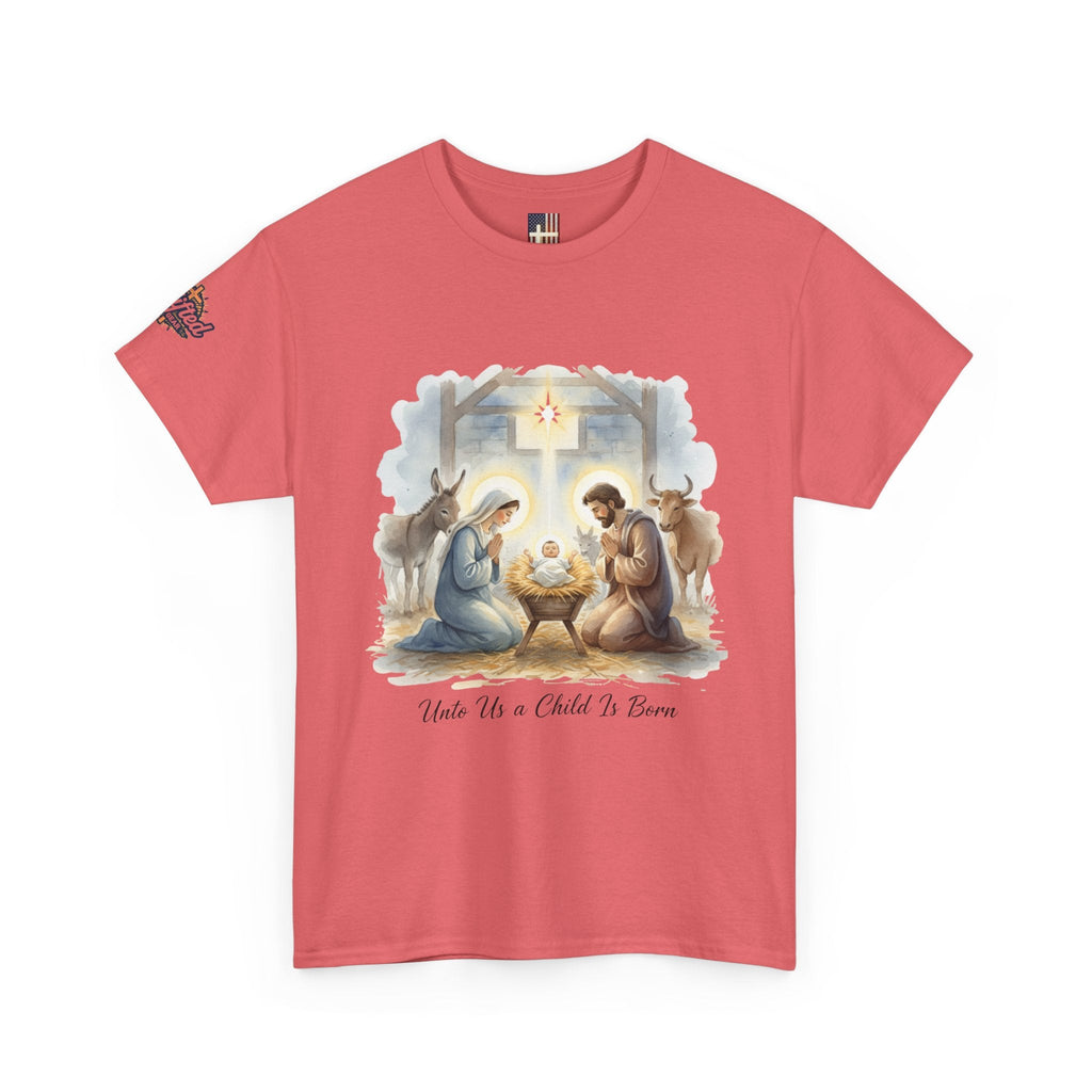 Unto Us a Child is Born T-shirt – Isaiah 9:6 Nativity Manger Scene Christian Christmas T-shirt for Holy Night Faith Printify