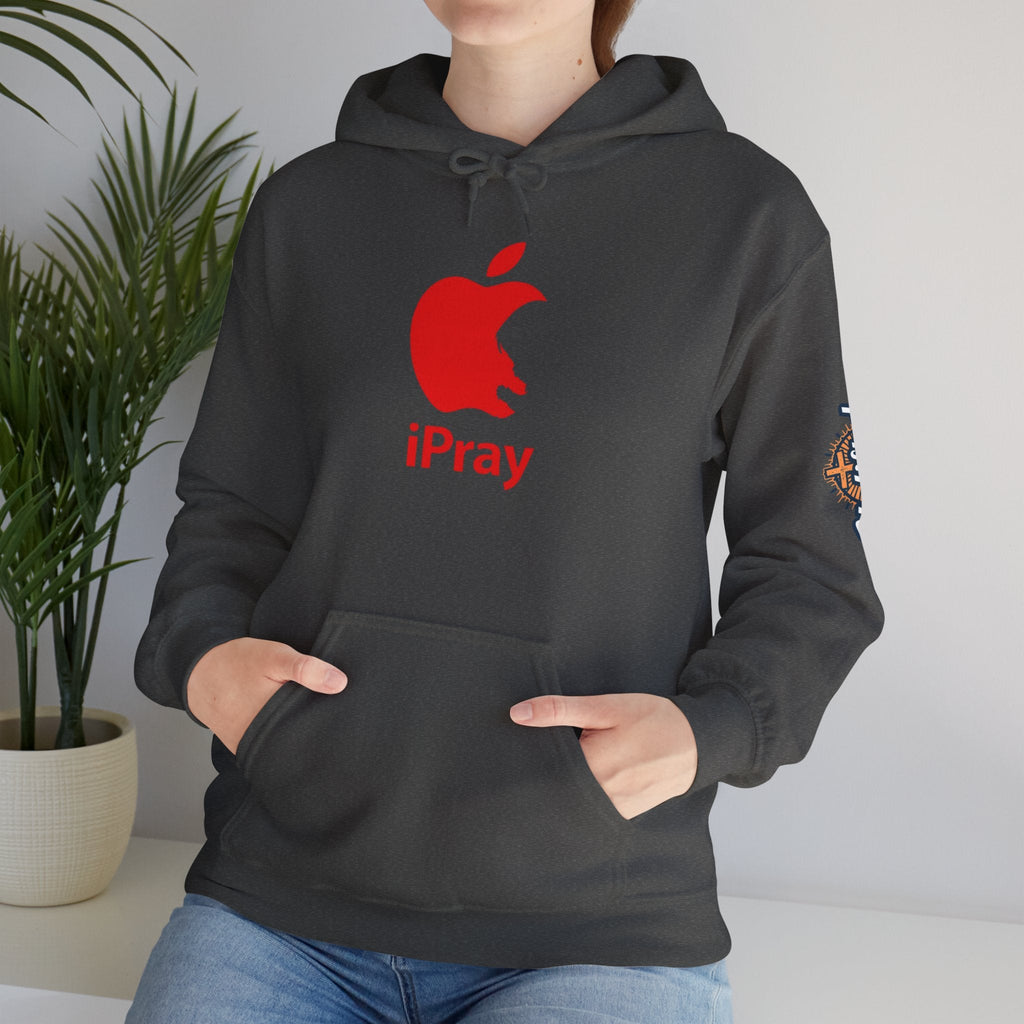 iPray Apple Logo Hoodie — Funny Christian Hoodie (Minimal Red Apple Graphic) Printify