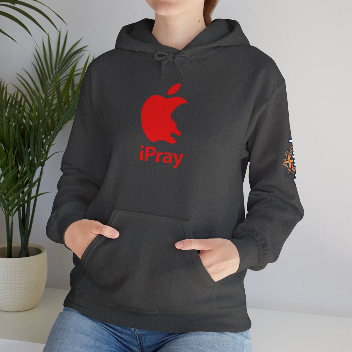 iPray Apple Logo Hoodie — Funny Christian Hoodie (Minimal Red Apple Graphic) Printify