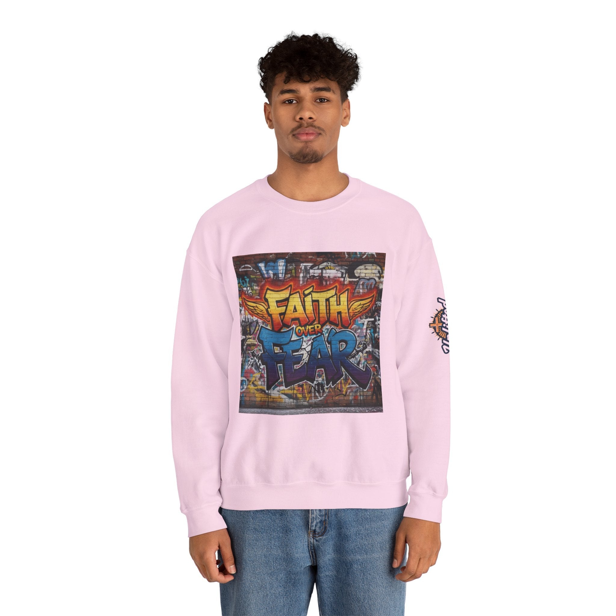 Faith Over Fear Sweatshirt – Graffiti Wall Christian Sweatshirt for Bold 2 Corinthians 5:7 Streetwear & Unshakable Faith Printify