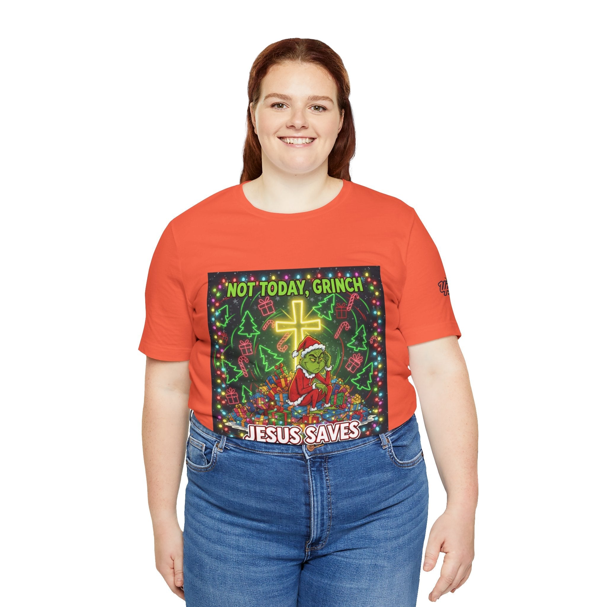 🎄 Not Today, Grinch – Jesus Saves | Funny Christian Christmas T-Shirt | Festive Green & Red Cartoon Style | Bold Faith Holiday Tee by Uplifted Gear Printify