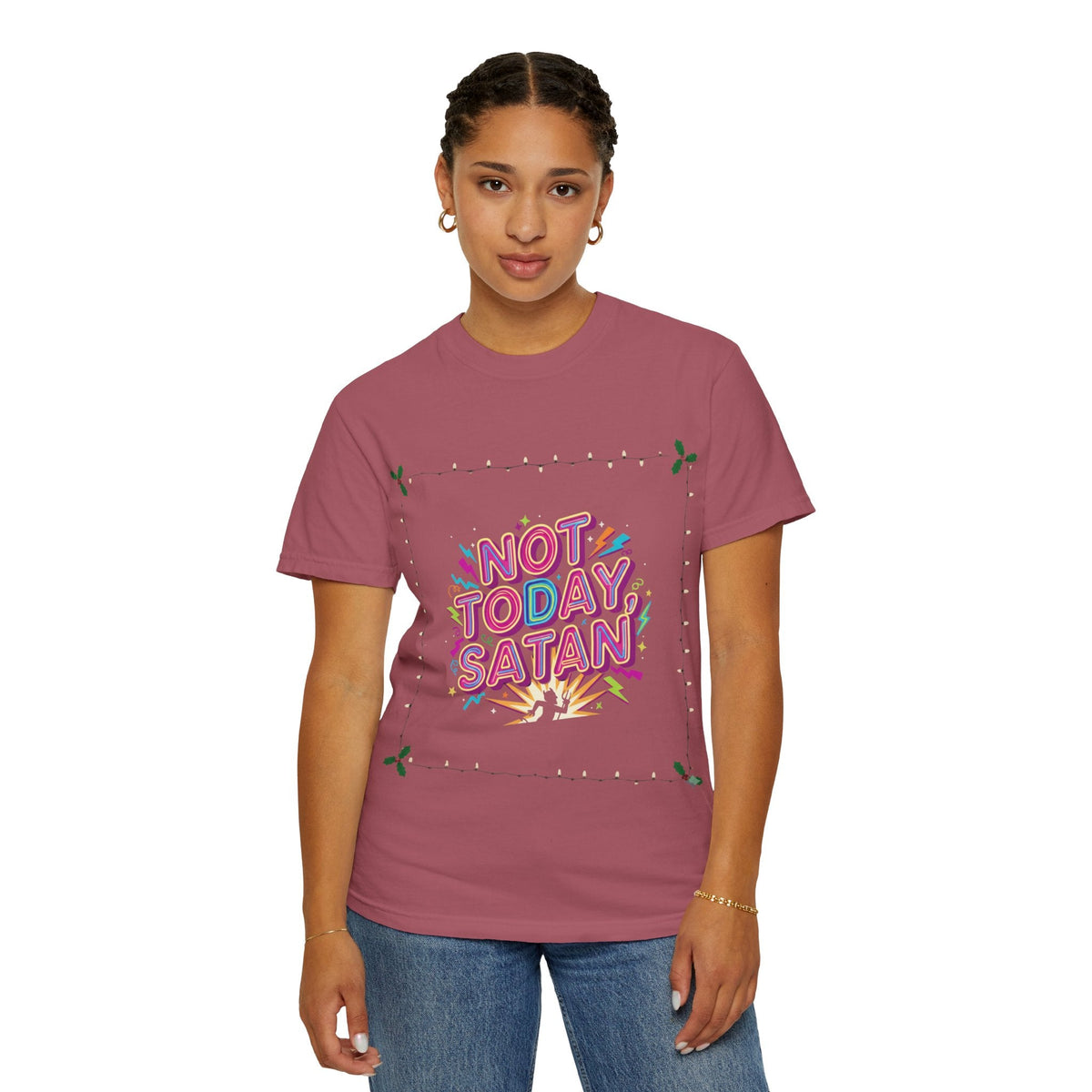 🔥 Not Today, Satan – Retro 90s Christian T-Shirt | Neon Faith Tee | Funky Cartoon Devil | Bold Bible Verse Shirt | Uplifted Gear Printify