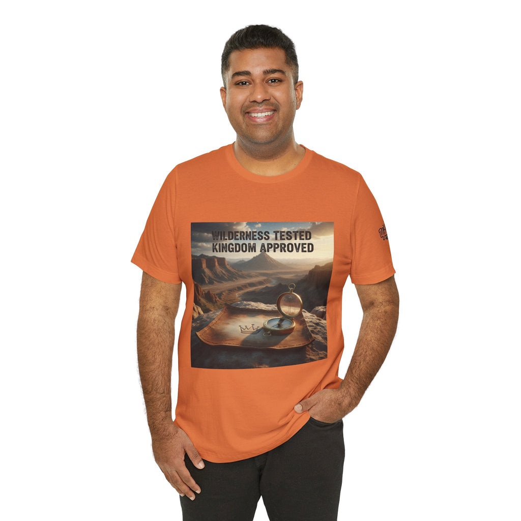 Wilderness Tested Kingdom Approved T-shirt – Mountain Desert Compass Crown Christian T-shirt for Biblical Adventure Faith Printify