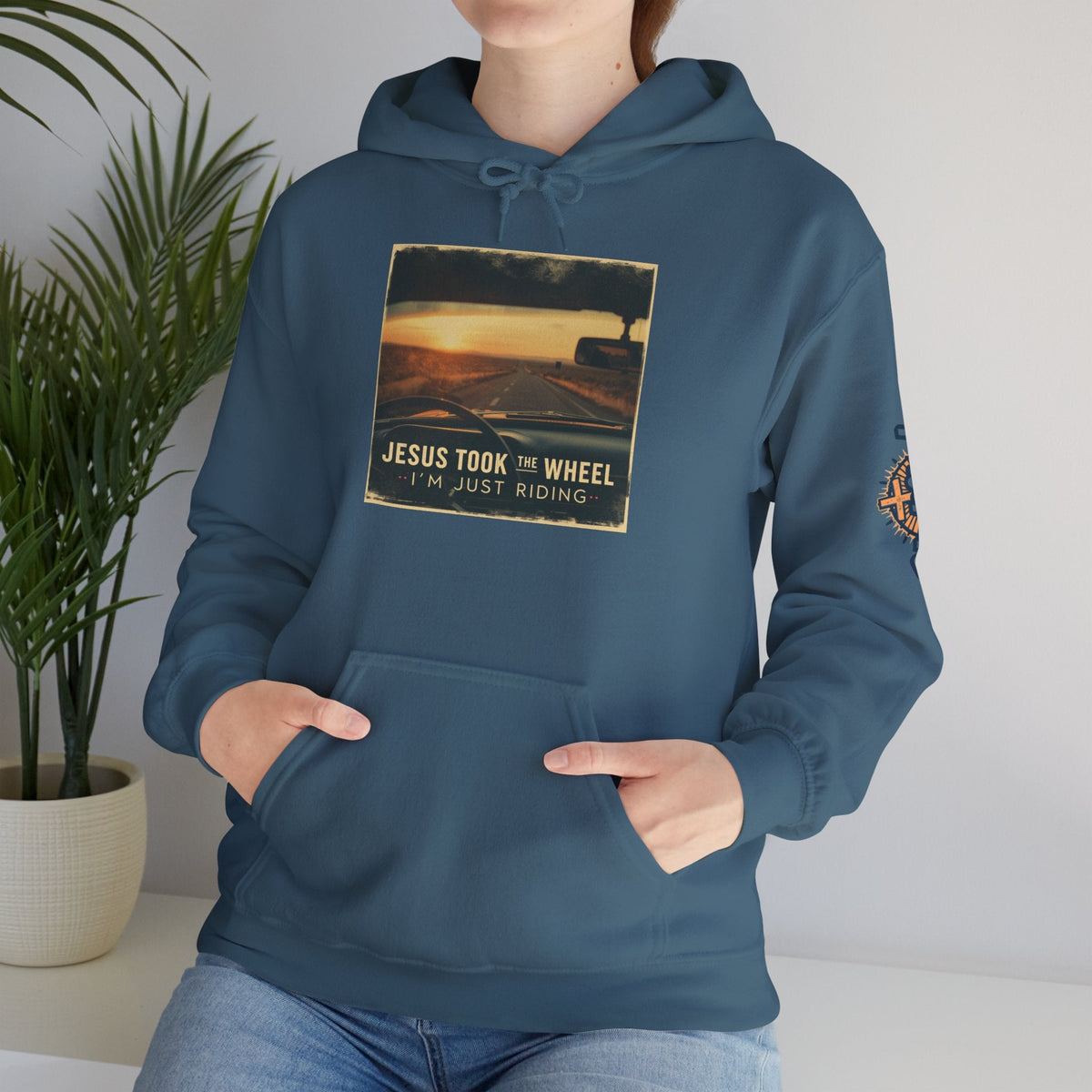 Jesus Took the Wheel I'm Just Riding Hoodie – Funny Christian Convertible Car Sweatshirt for Surrendered Faith & Humor Printify