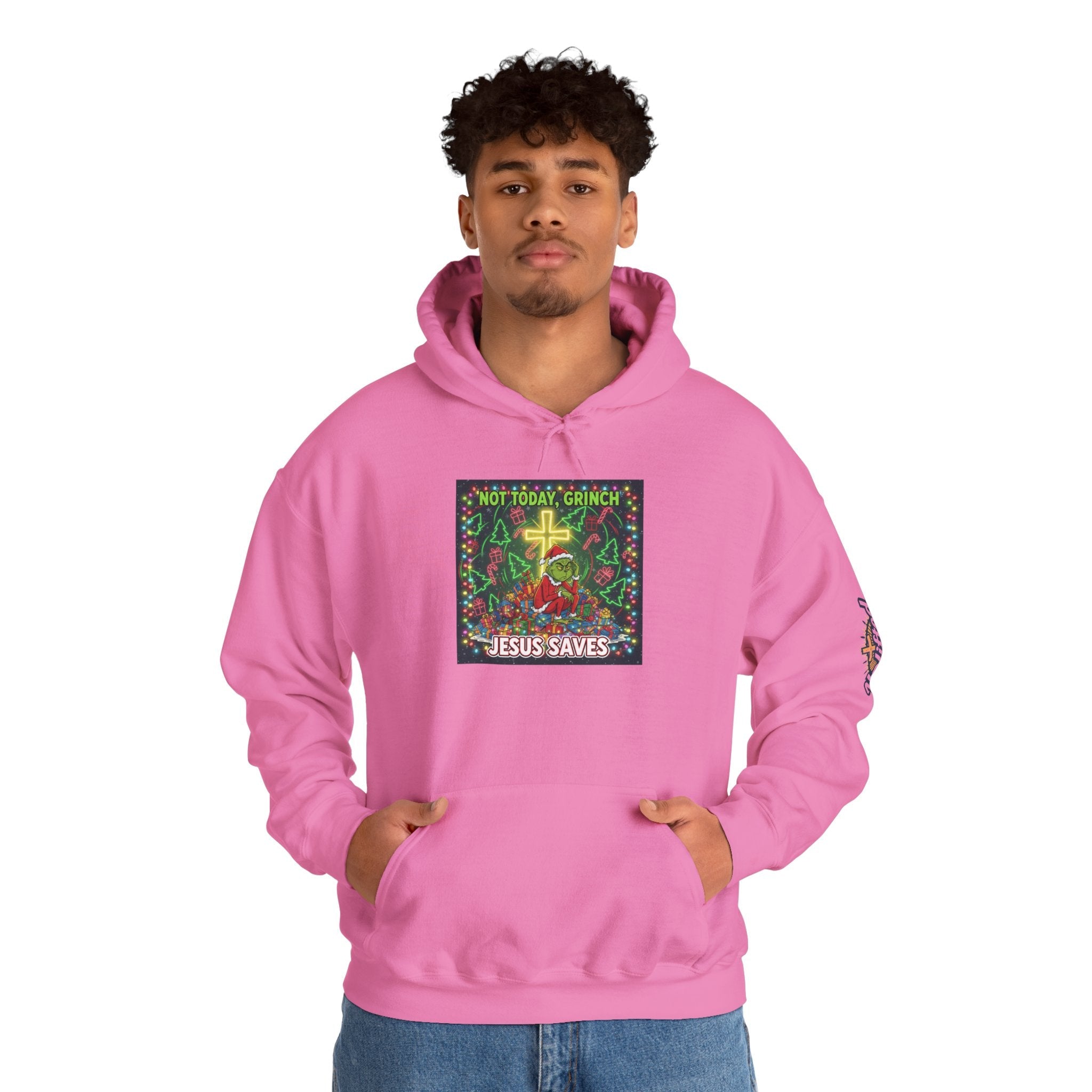🎄 Not Today, Grinch – Jesus Saves | Funny Christian Christmas Hoodie | Festive Green & Red Cartoon Style | Bold Faith Holiday Tee by Uplifted Gear Printify