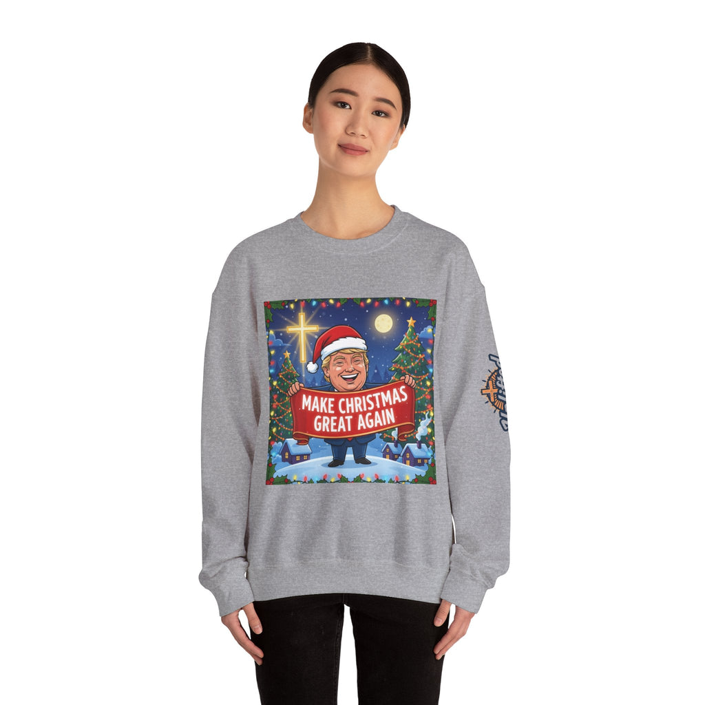 🎄 Make Christmas Great Again – Patriotic Christian Christmas Sweatshirt | Bold Holiday Faith Tee | Red & White Banner Design | Uplifted Gear Printify