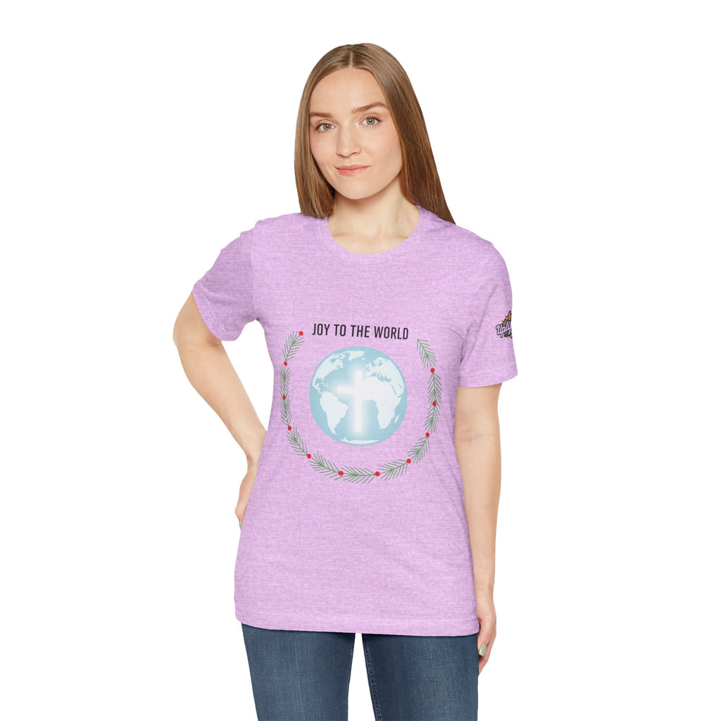 Joy to the World T-shirt – Wreath Earth Nativity Christian Christmas T-shirt for Isaiah 9:6 Holiday Faith & Festive Joy Printify
