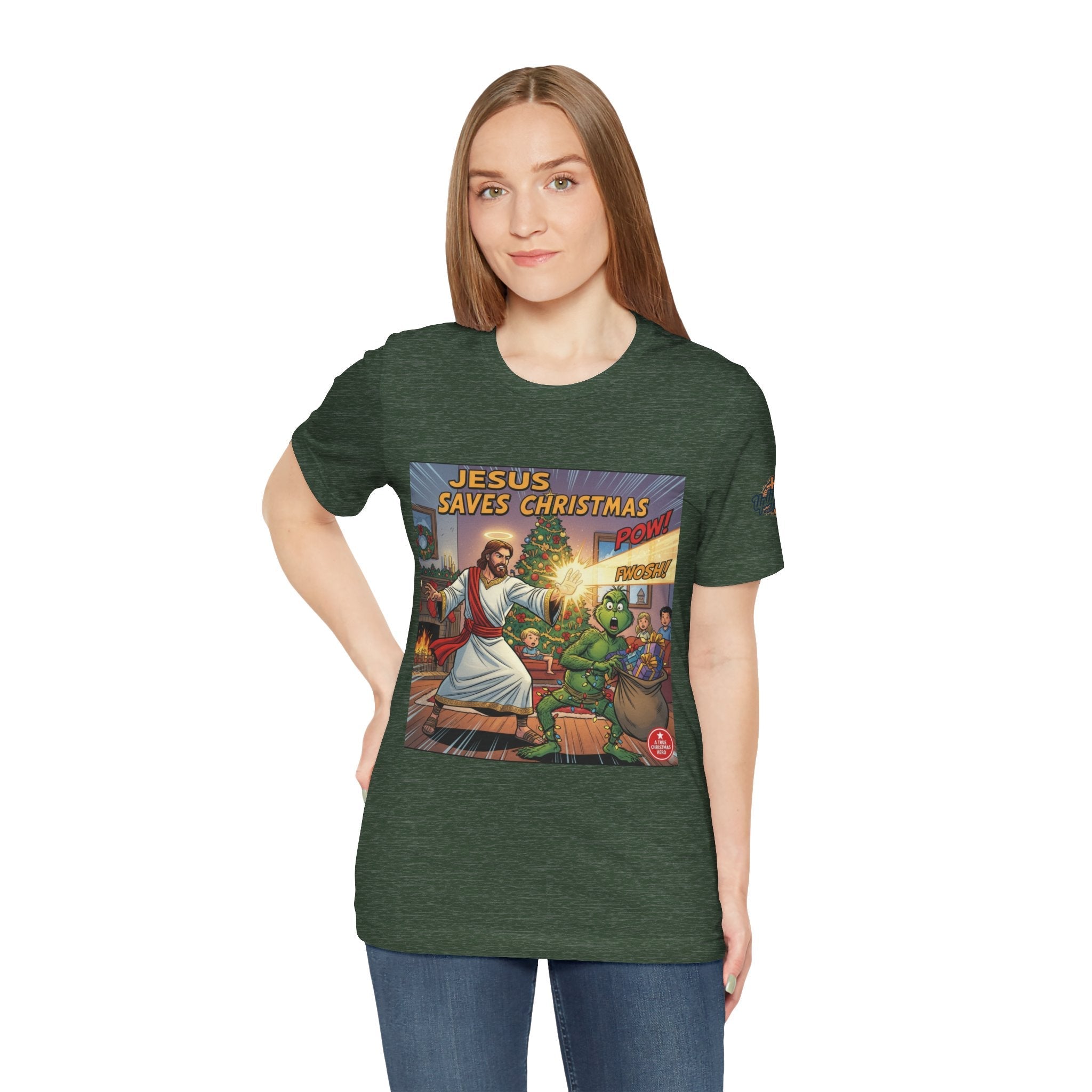 Jesus Saves Christmas T-shirt – Grinch vs Savior Light Battle Christian T-shirt for Hilarious Holiday Faith & True Joy Printify