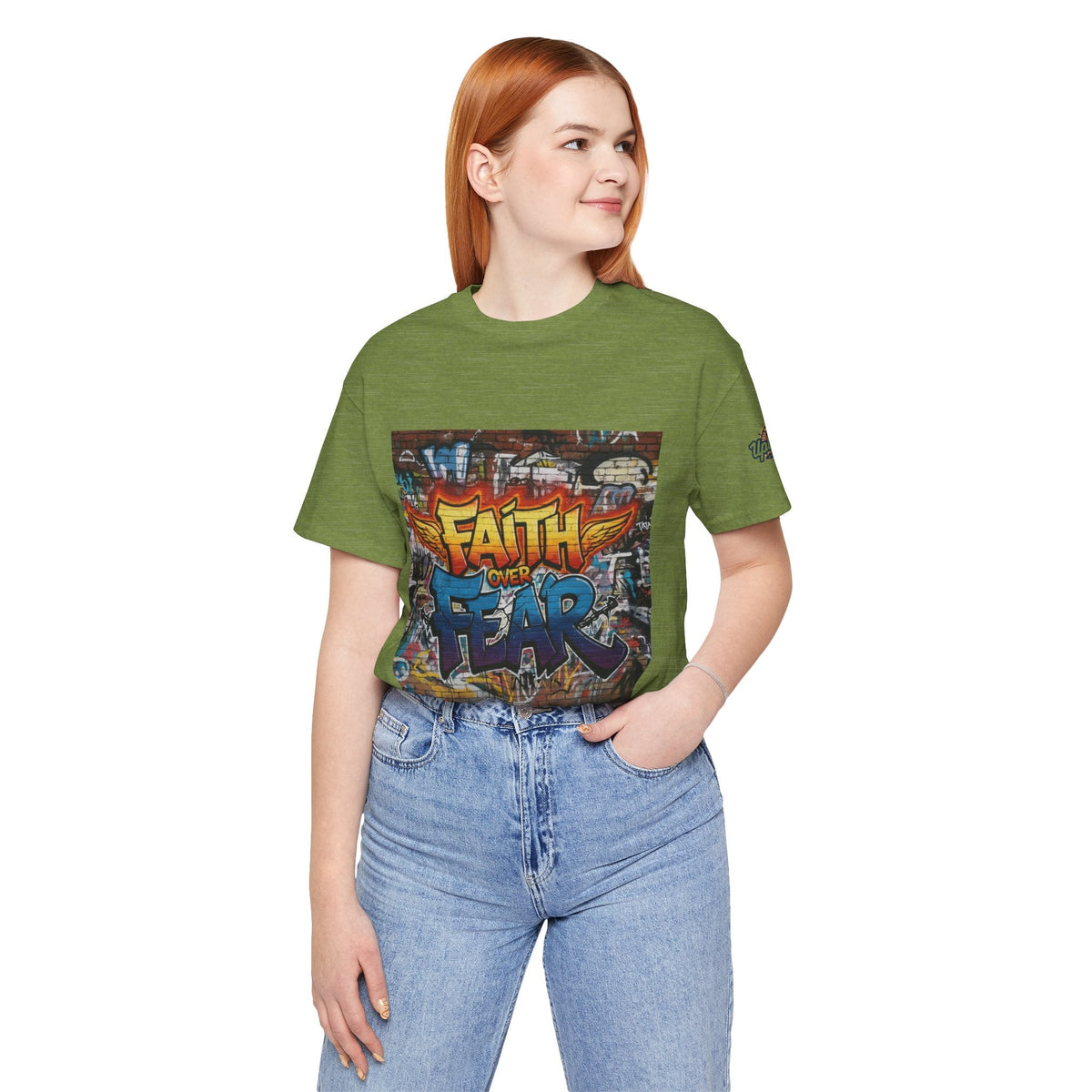 Faith Over Fear T-shirt – Graffiti Wall Christian T-shirt for Bold 2 Corinthians 5:7 Streetwear & Unshakable Faith Printify