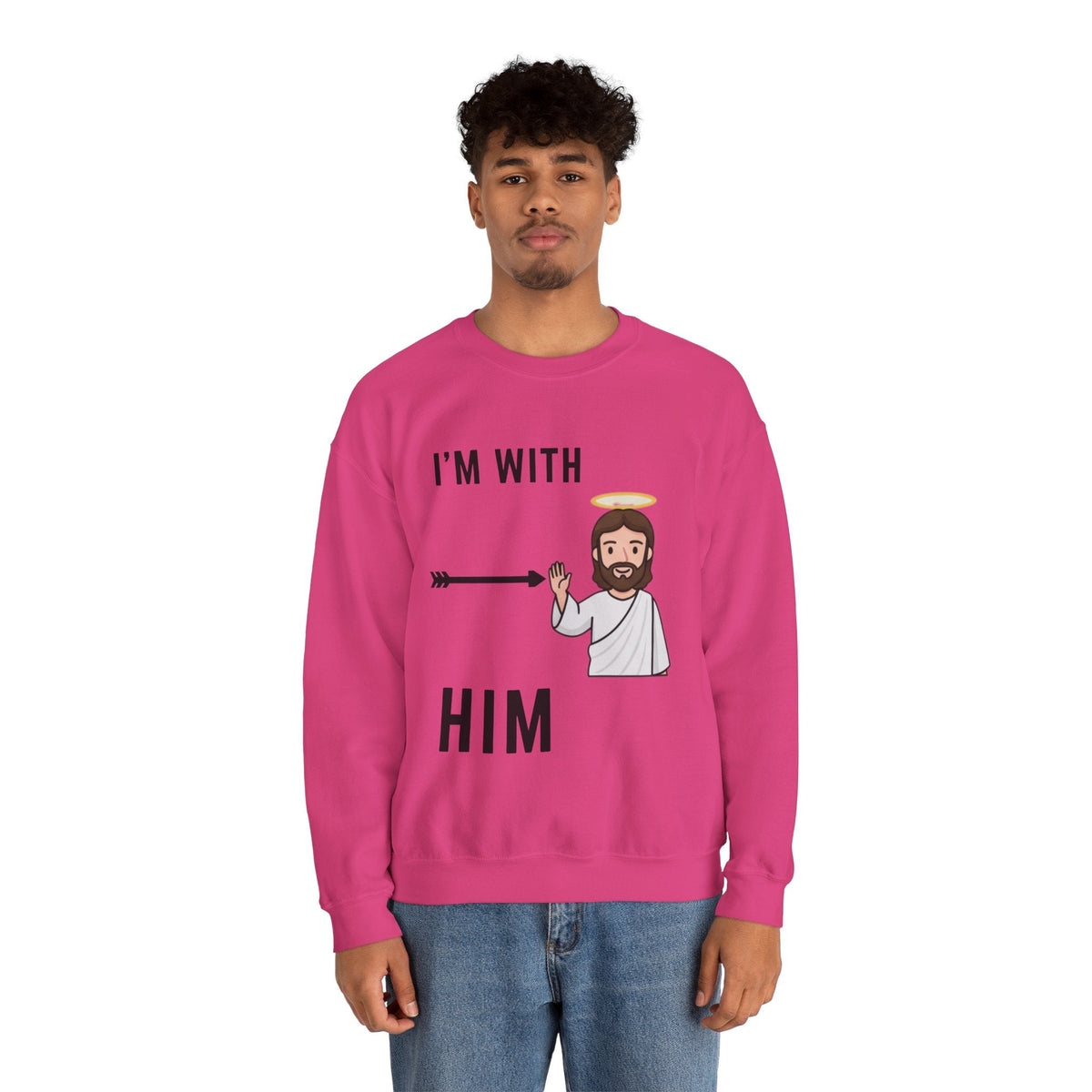 🔥 I’m With Him → Christian Sweatshirt | Arrow Pointing to Jesus | Minimalist Faith Tee | Subtle Cross Design | Bible-Inspired Apparel by Uplifted Gear Printify