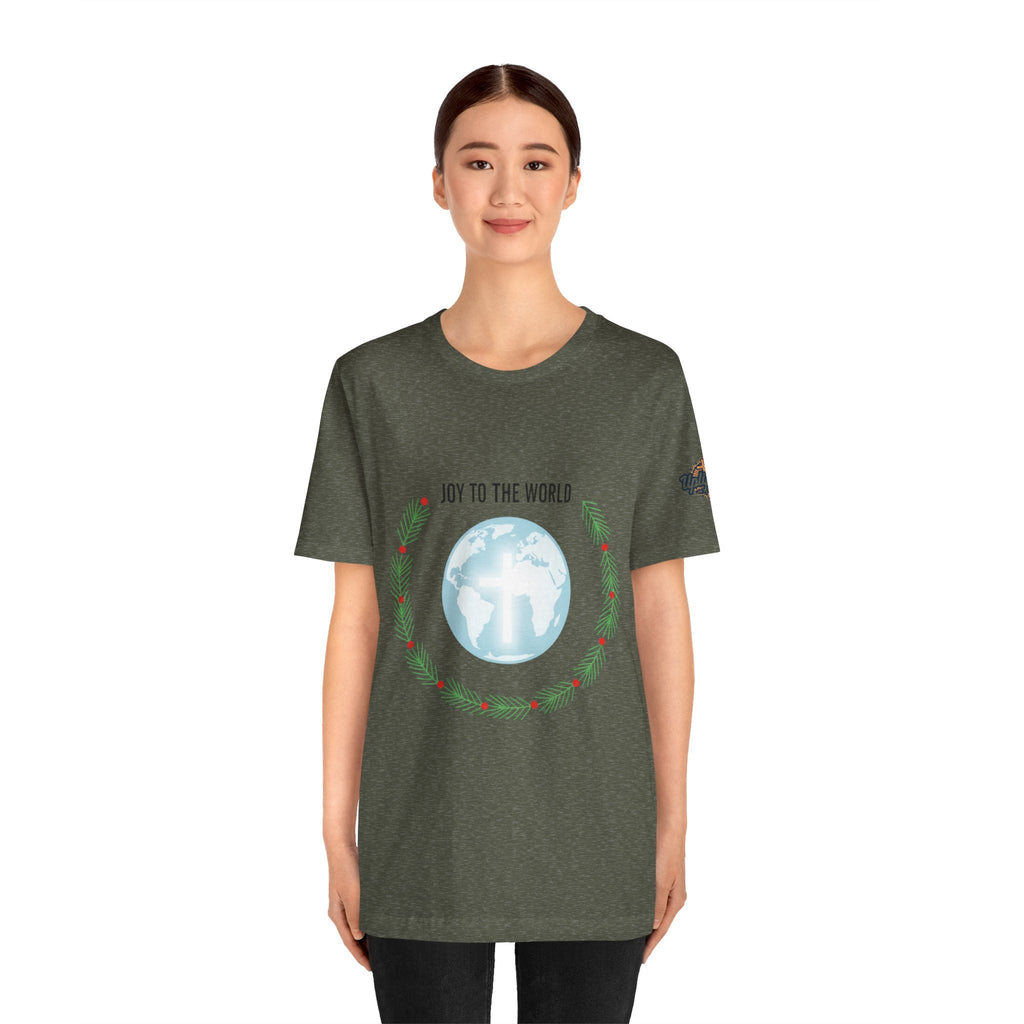 Joy to the World T-shirt – Wreath Earth Nativity Christian Christmas T-shirt for Isaiah 9:6 Holiday Faith & Festive Joy Printify