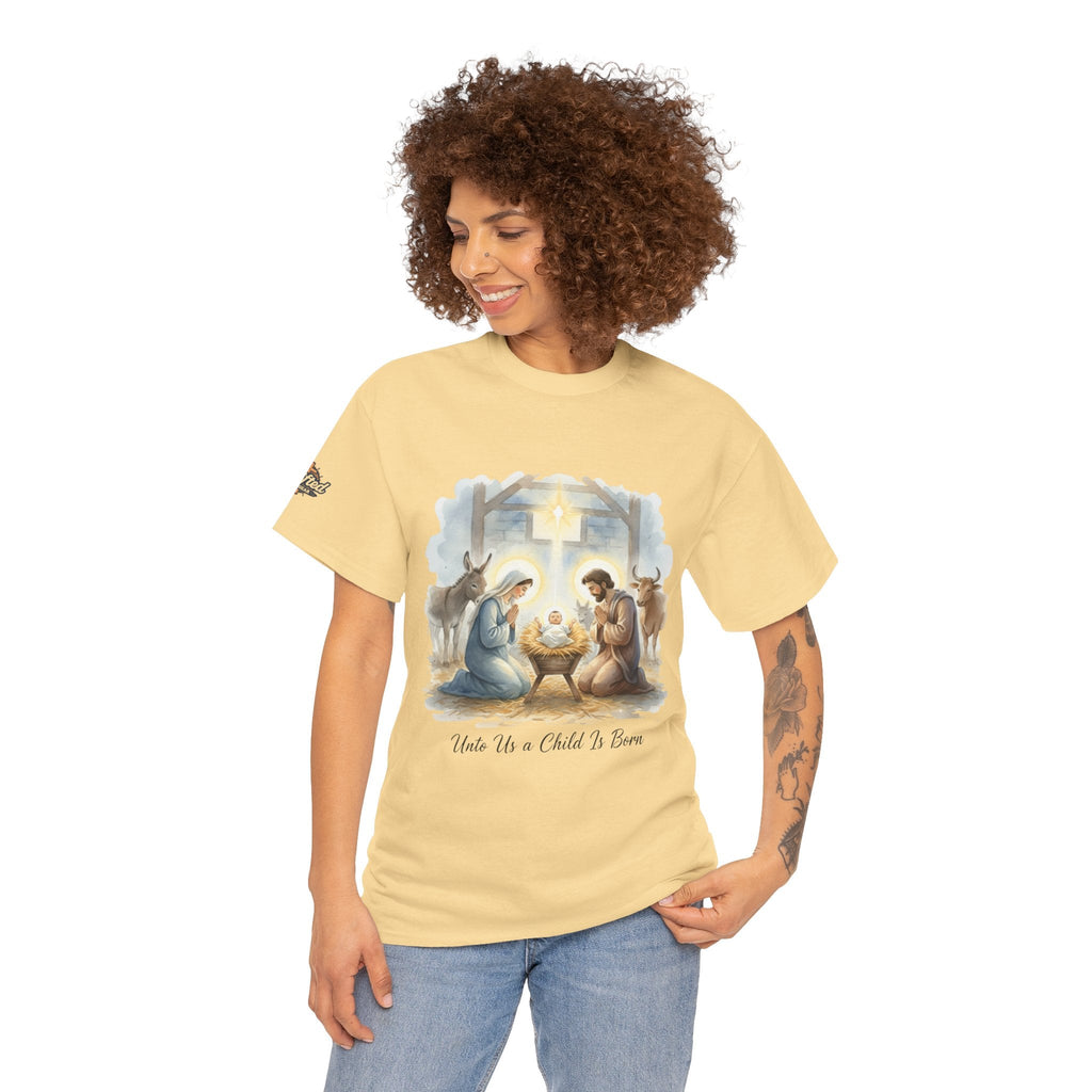 Unto Us a Child is Born T-shirt – Isaiah 9:6 Nativity Manger Scene Christian Christmas T-shirt for Holy Night Faith Printify