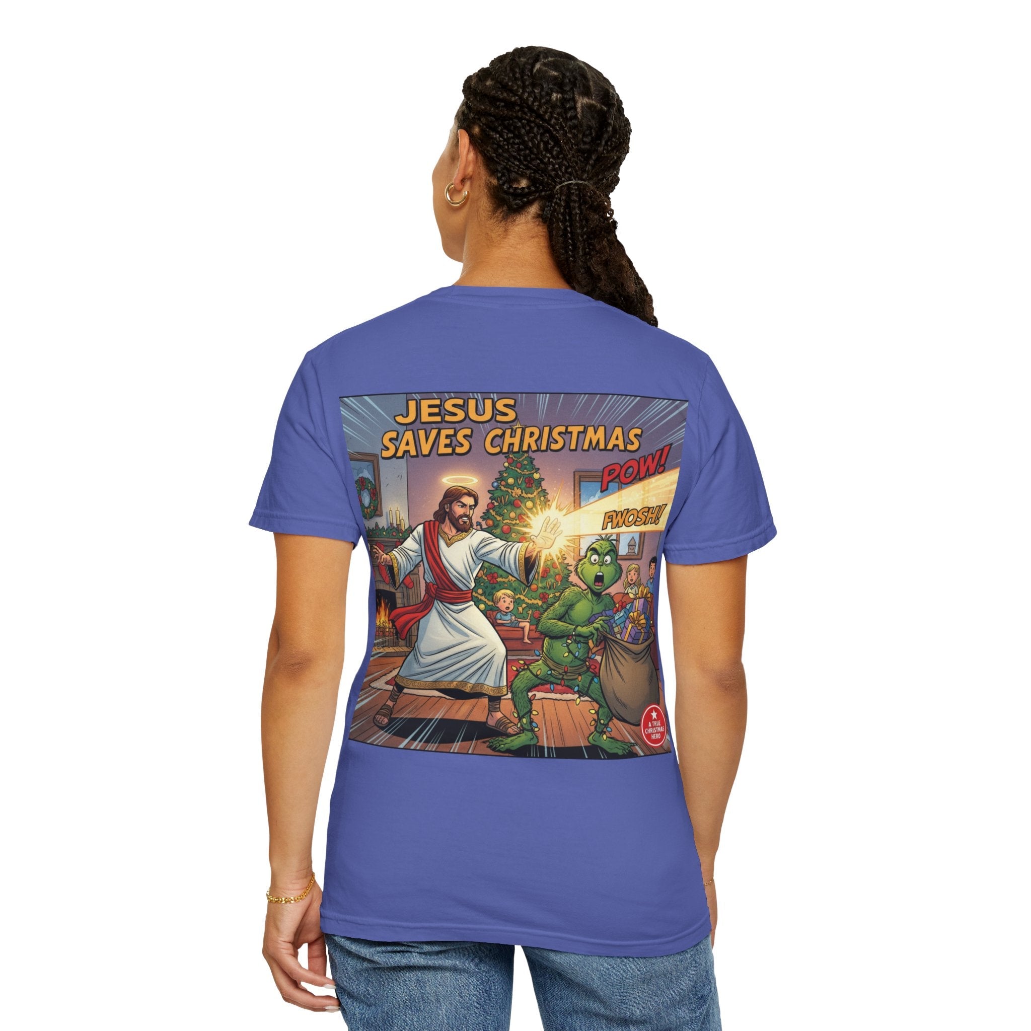 Jesus Saves Christmas T-shirt – Grinch vs Savior Light Battle Christian T-shirt for Hilarious Holiday Faith & True Joy Printify