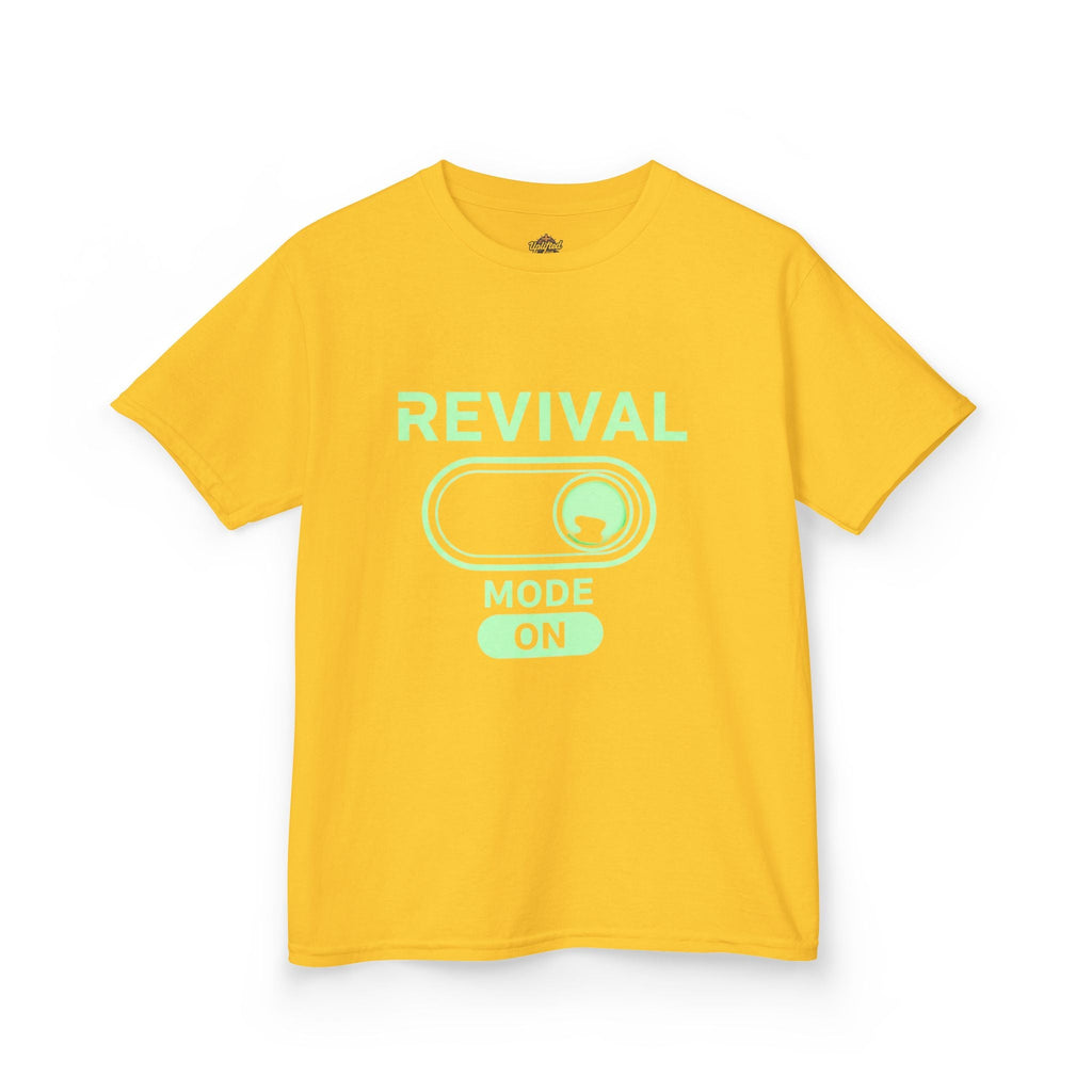 🔥 Revival Mode: ON – Christian Techwear Kids T-Shirt | Glowing Green Faith Switch | Futuristic Jesus Shirt | Activate Your Spiritual Awakening | Uplifted Gear Printify