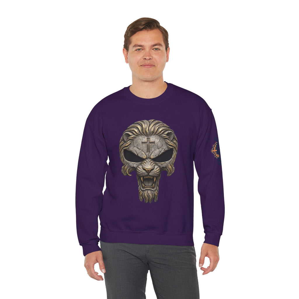 Lion of Judah Skull Christian Sweatshirt - Warrior Faith Cross Sweatshirt Printify