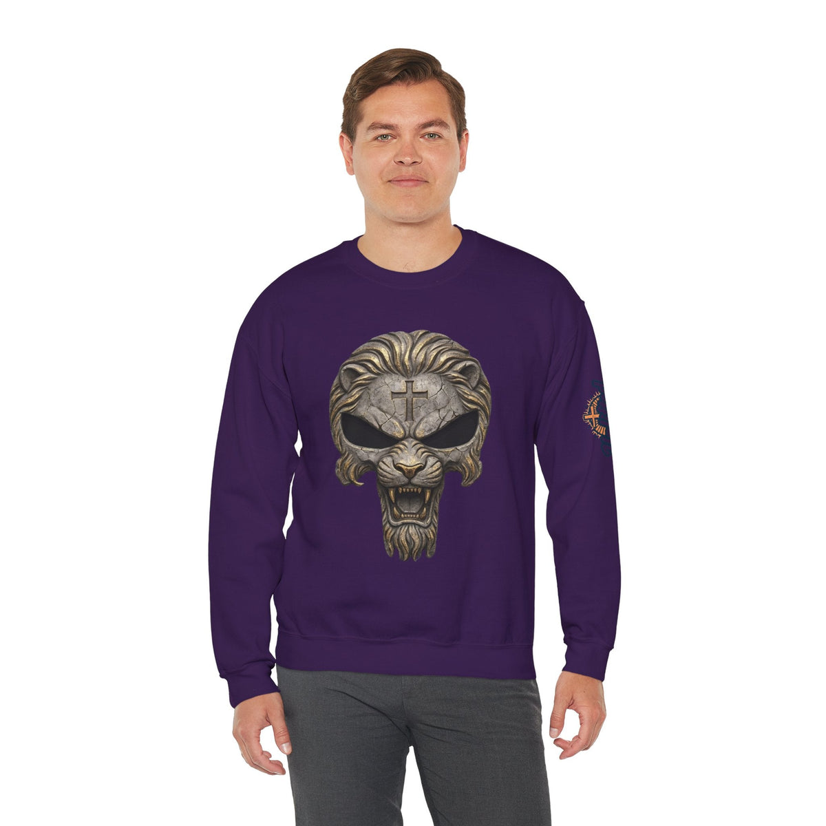Lion of Judah Skull Christian Sweatshirt - Warrior Faith Cross Sweatshirt Printify