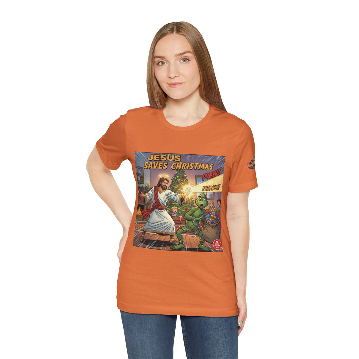 Jesus Saves Christmas T-shirt – Grinch vs Savior Light Battle Christian T-shirt for Hilarious Holiday Faith & True Joy Printify