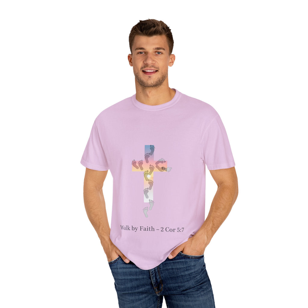 Walk by Faith T-Shirt – Cross & Footprints Christian Tee for Bold Believers Printify