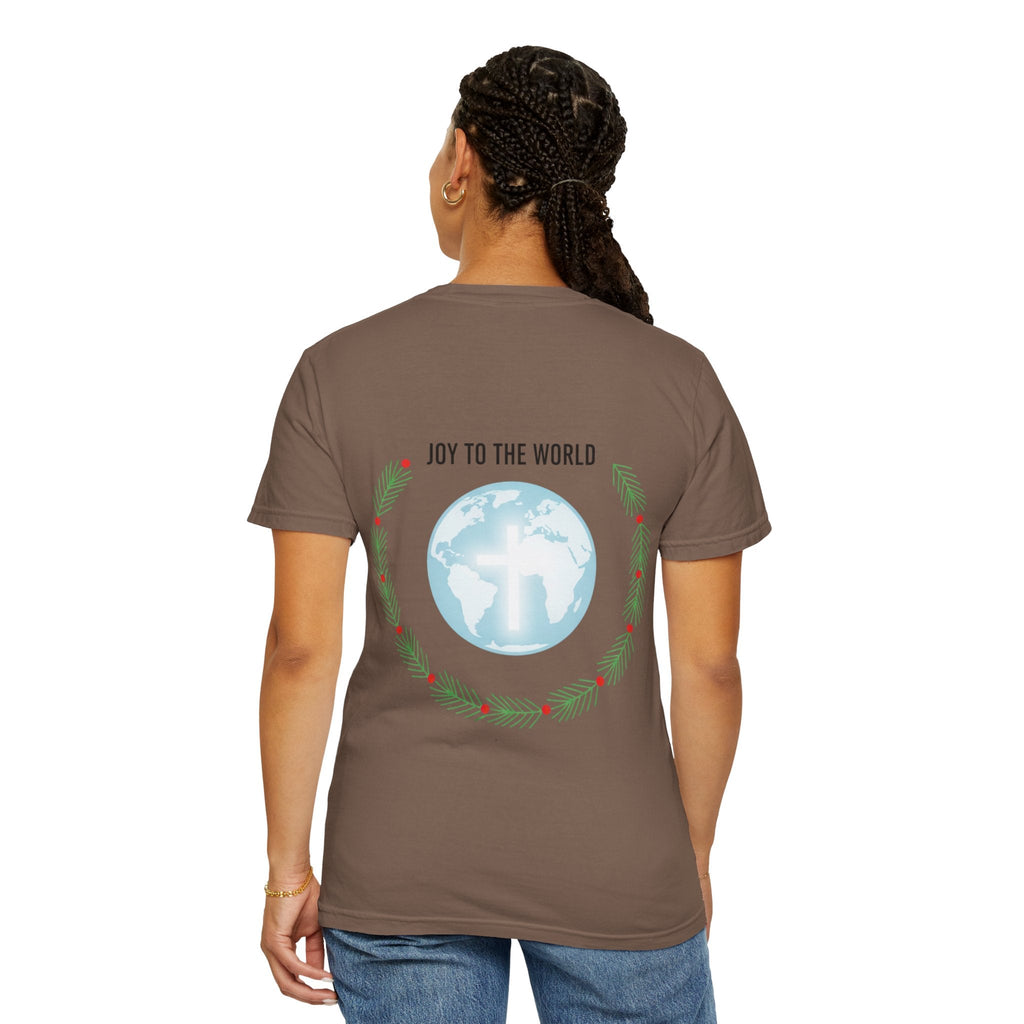 Joy to the World T-shirt – Wreath Earth Nativity Christian Christmas T-shirt for Isaiah 9:6 Holiday Faith & Festive Joy Printify