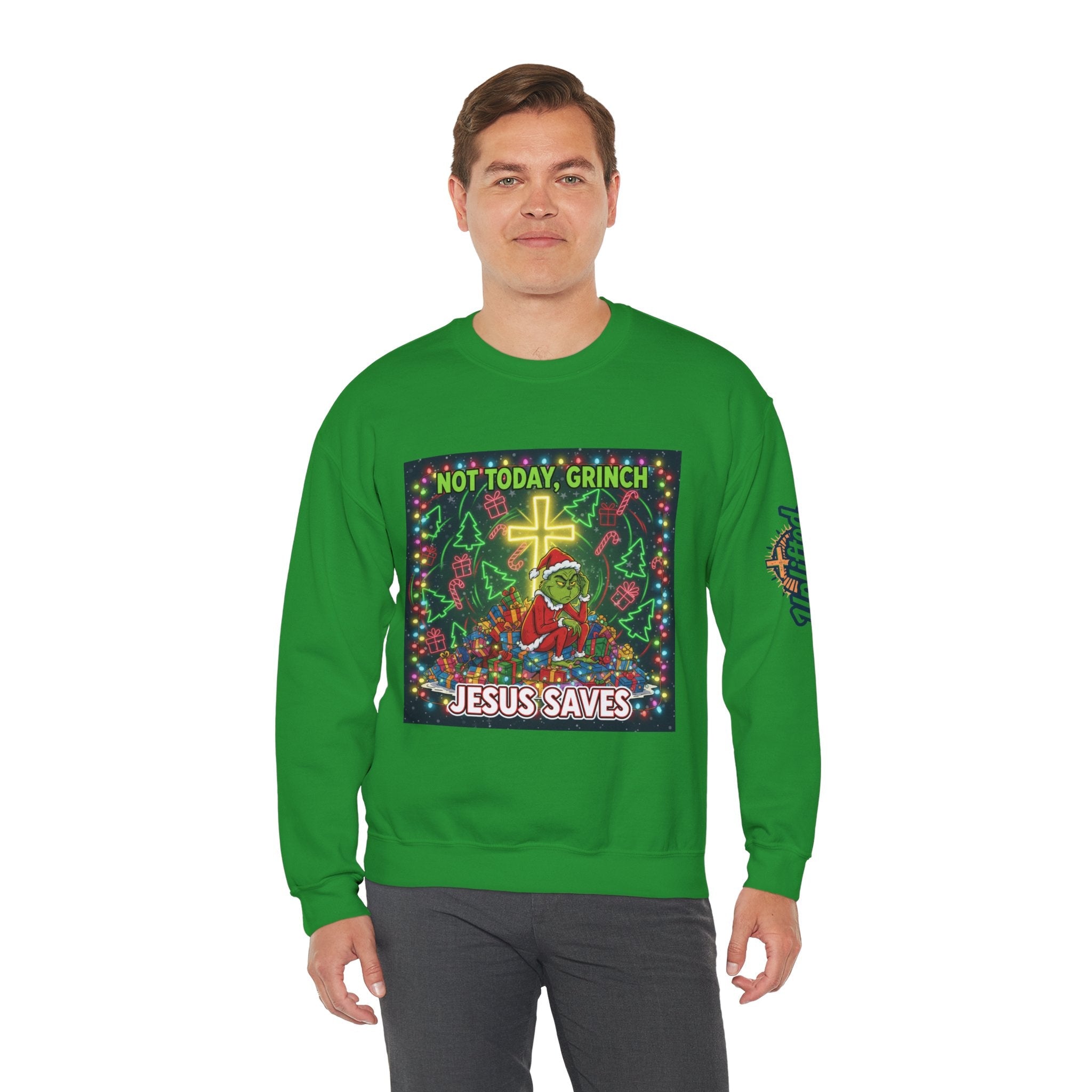 🎄 Not Today, Grinch – Jesus Saves | Funny Christian Christmas Sweatshirt | Festive Green & Red Cartoon Style | Bold Faith Holiday Tee by Uplifted Gear Printify