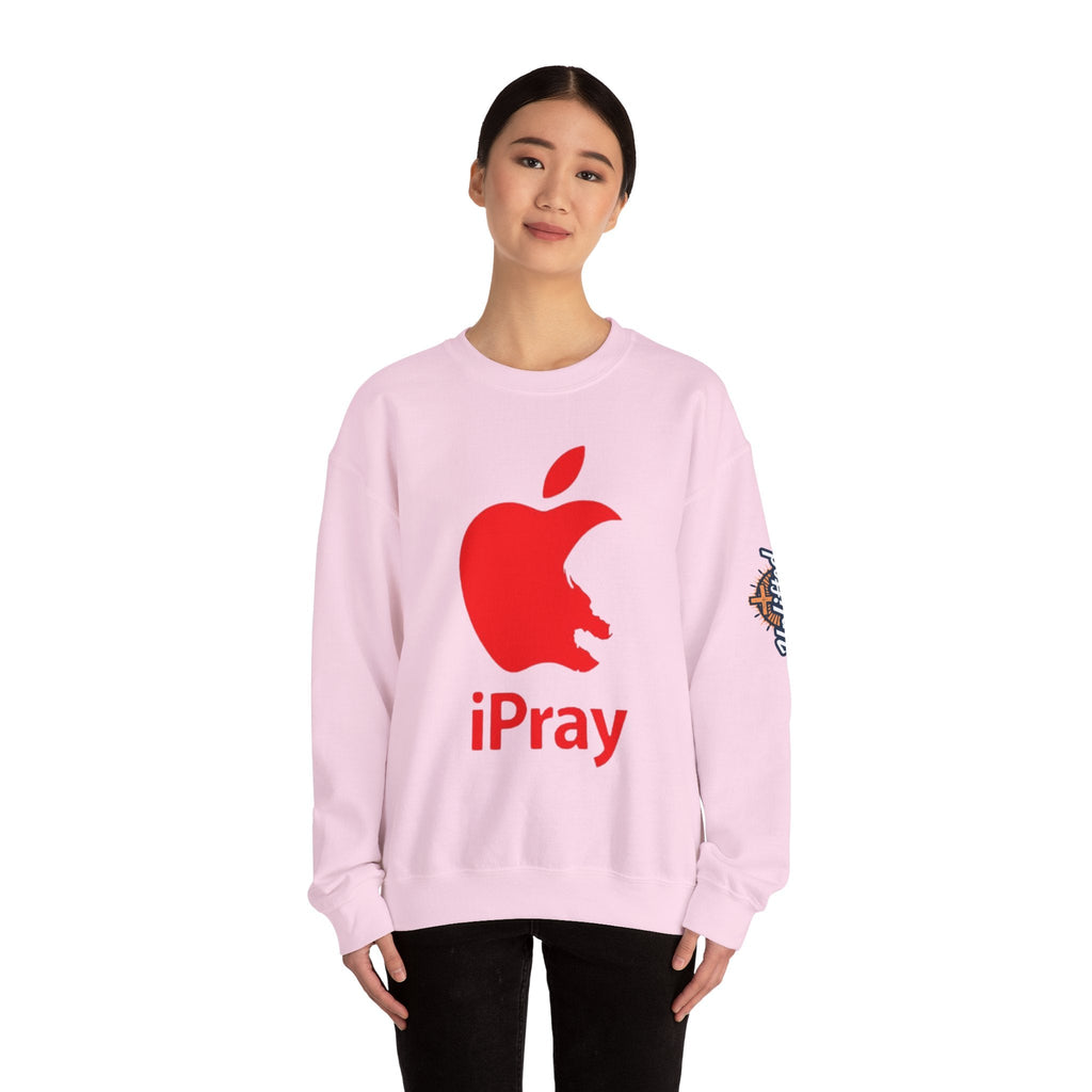 iPray Apple Logo Sweatshirt — Funny Christian Sweatshirt (Minimal Red Apple Graphic) Printify
