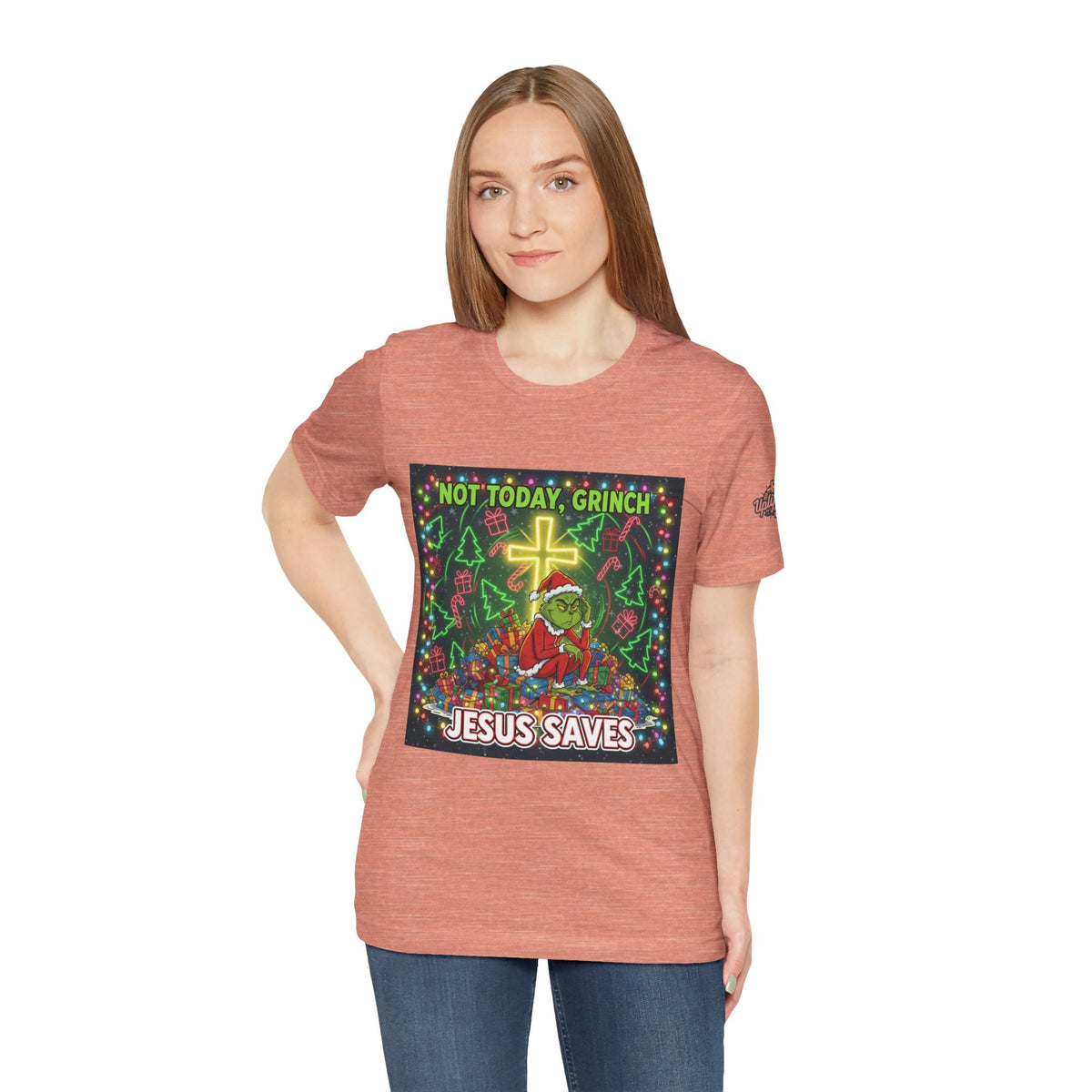 🎄 Not Today, Grinch – Jesus Saves | Funny Christian Christmas T-Shirt | Festive Green & Red Cartoon Style | Bold Faith Holiday Tee by Uplifted Gear Printify