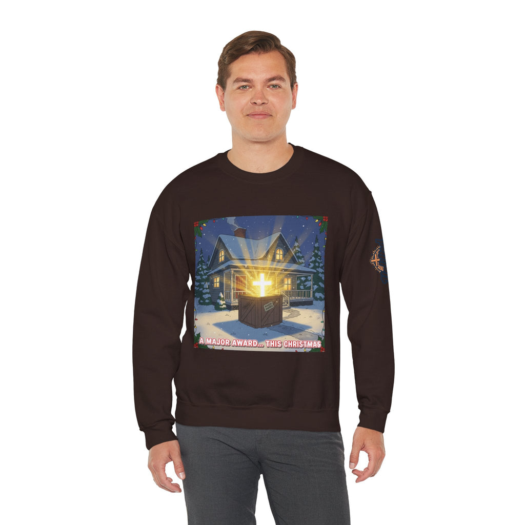 A Major Award This Christmas Sweatshirt – Fragile Leg Lamp Parody Cross Unboxing Christian Sweatshirt for Hilarious Faith & Holiday Glow Printify
