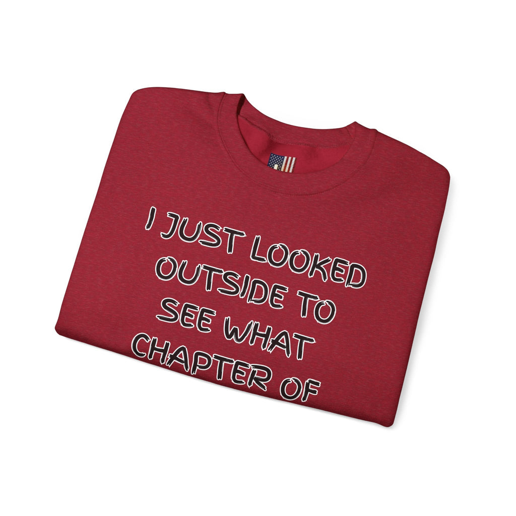 What Chapter of Revelation Sweatshirt – I Looked Outside My Window Christian Sweatshirt for End Times Humor & Faith Printify