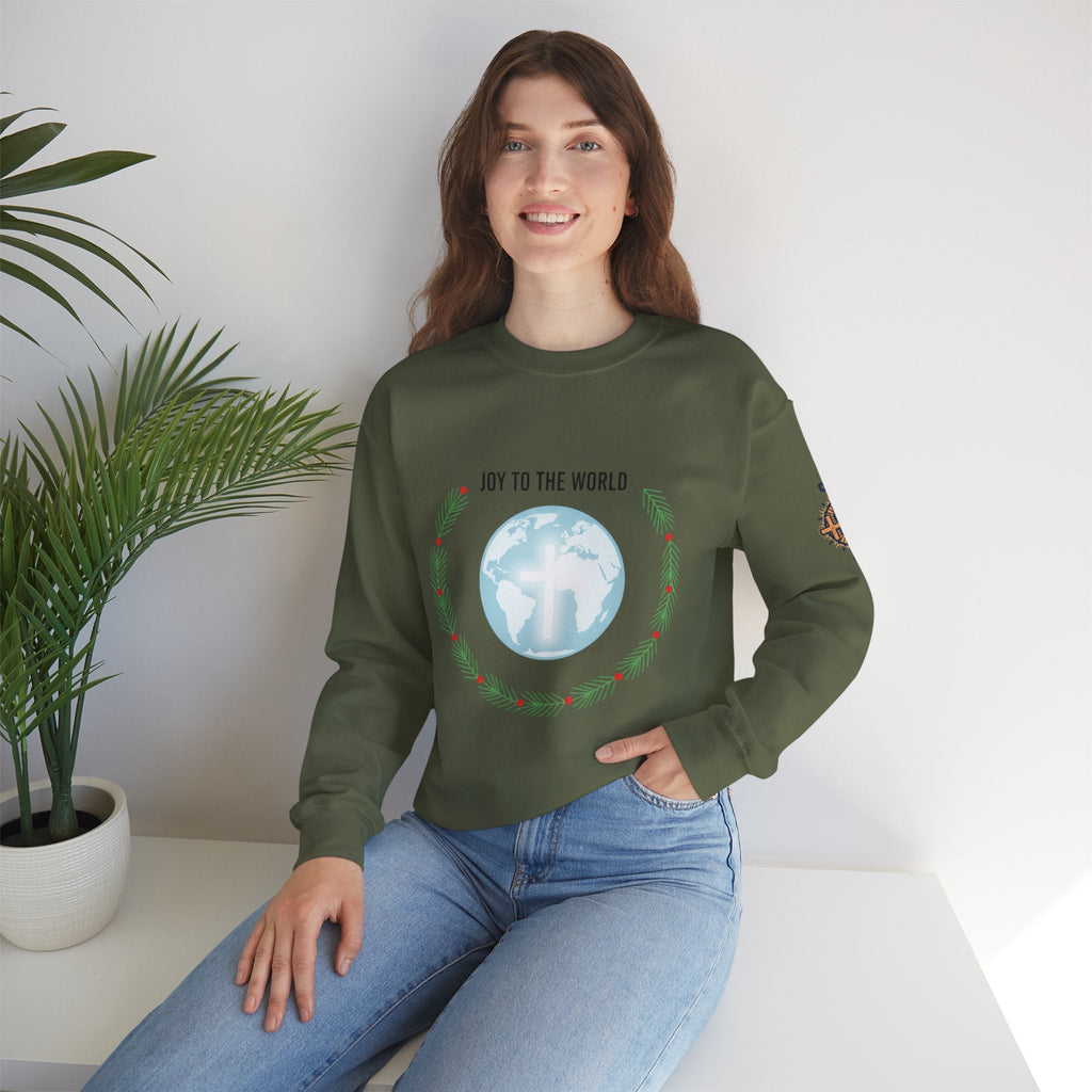 Joy to the World Sweatshirt – Wreath Earth Nativity Christian Christmas Sweatshirt for Isaiah 9:6 Holiday Faith & Festive Joy Printify