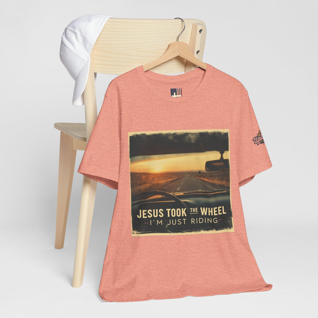 Jesus Took the Wheel I'm Just Riding T-shirt – Funny Christian Convertible Car T-shirt for Surrendered Faith & Humor Printify